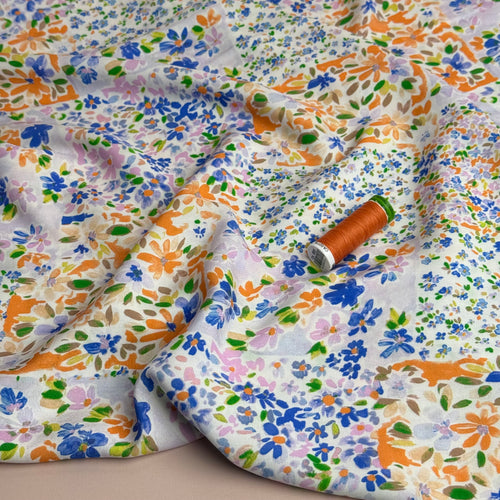 Cottage Garden Blue & Orange Viscose Fabric