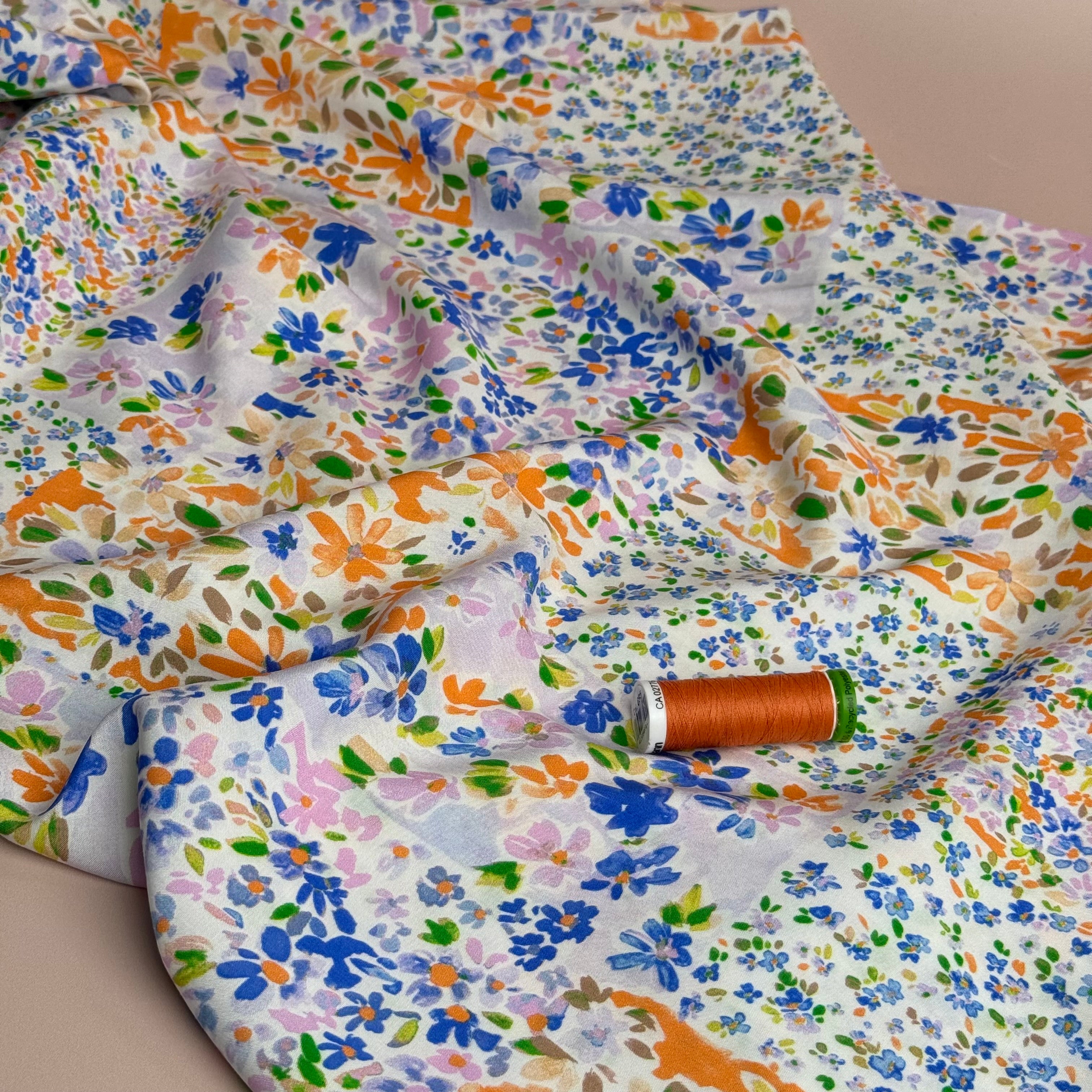 Cottage Garden Blue & Orange Viscose Fabric