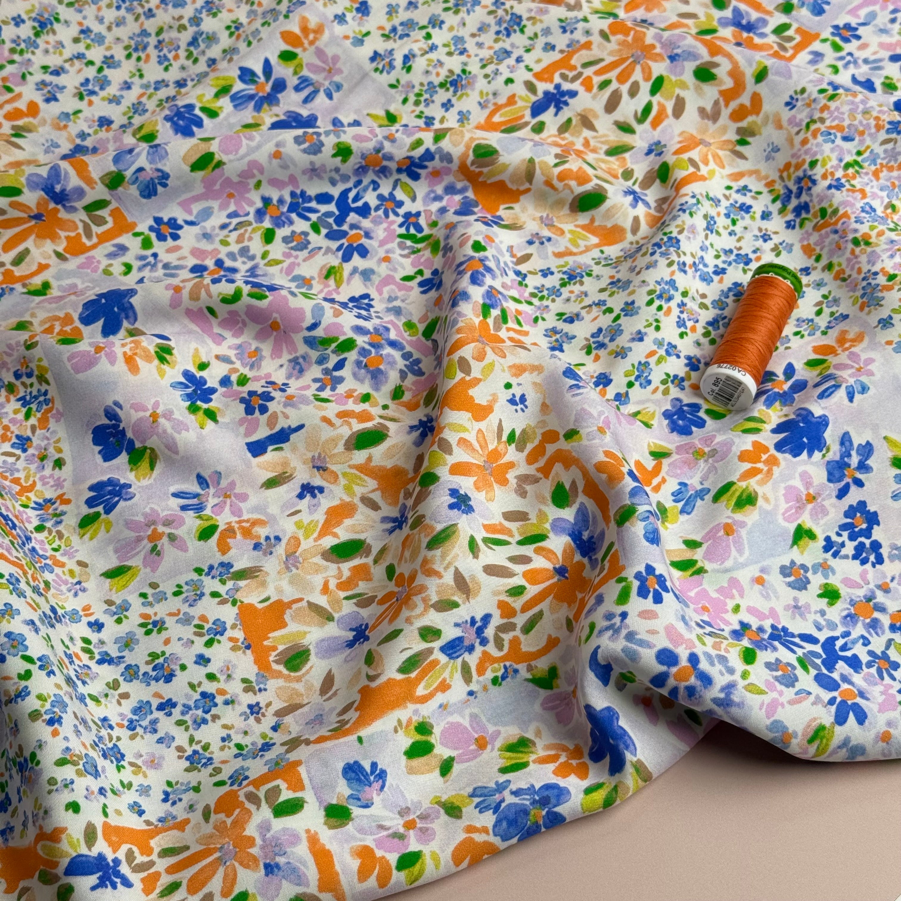 Cottage Garden Blue & Orange Viscose Fabric