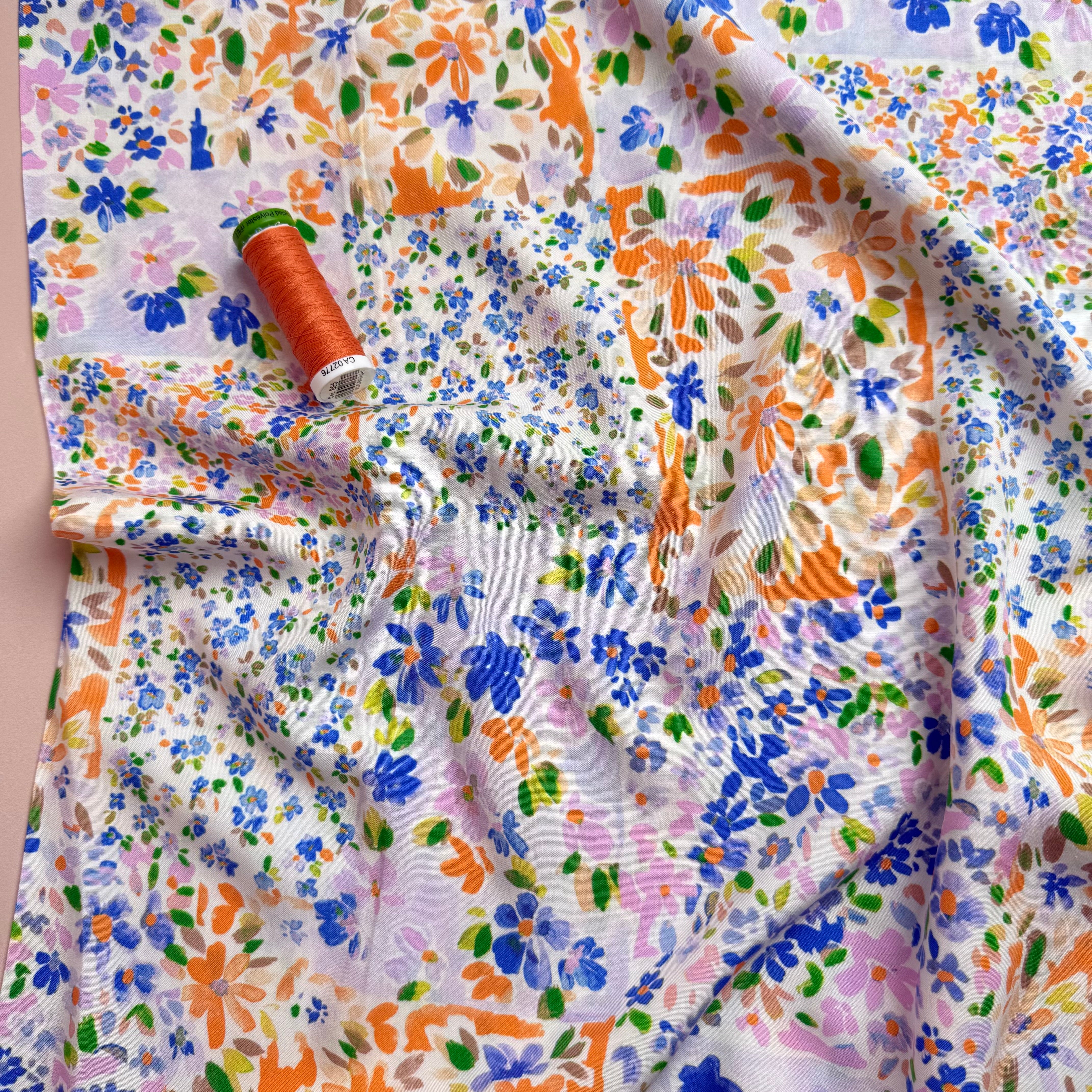Cottage Garden Blue & Orange Viscose Fabric