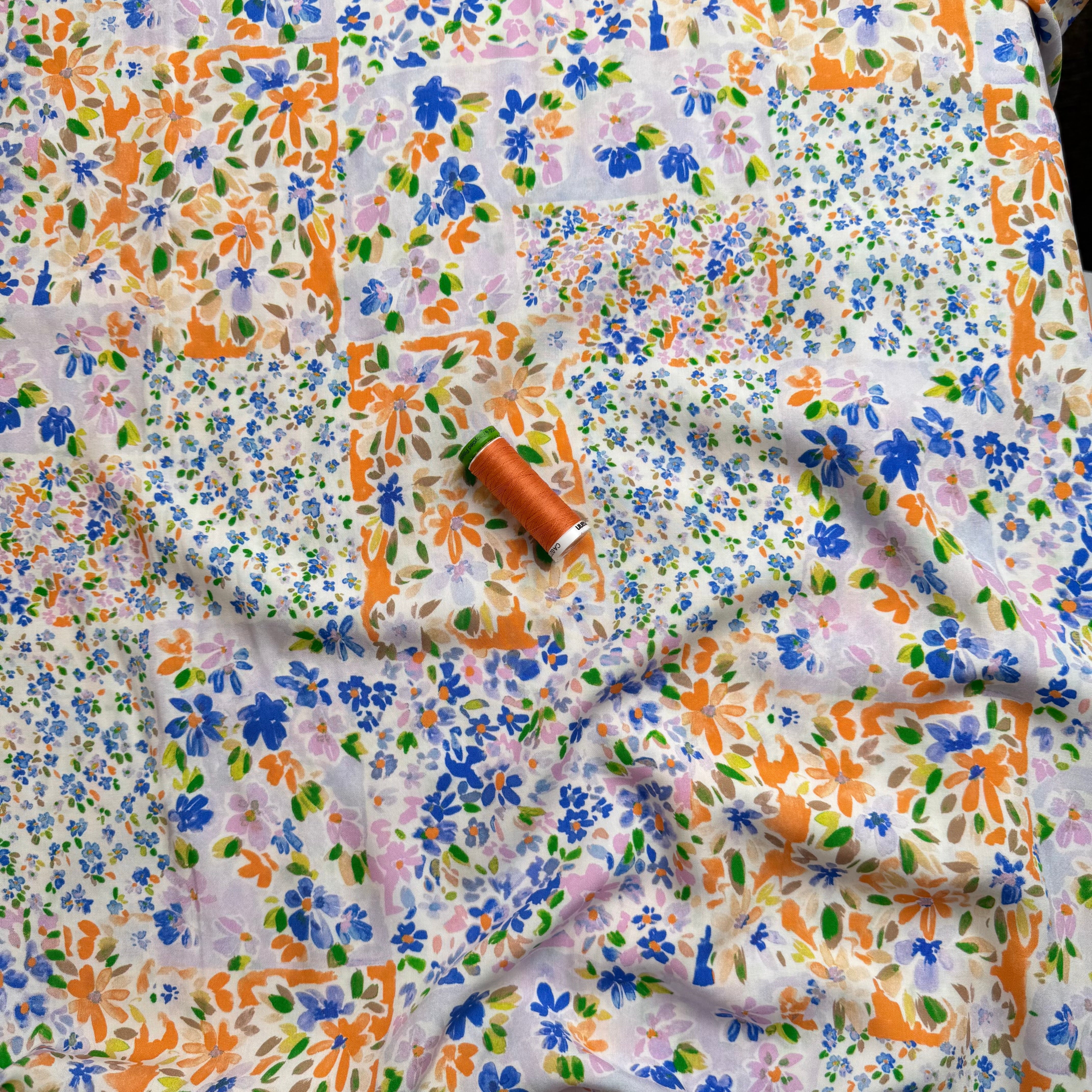 Cottage Garden Blue & Orange Viscose Fabric