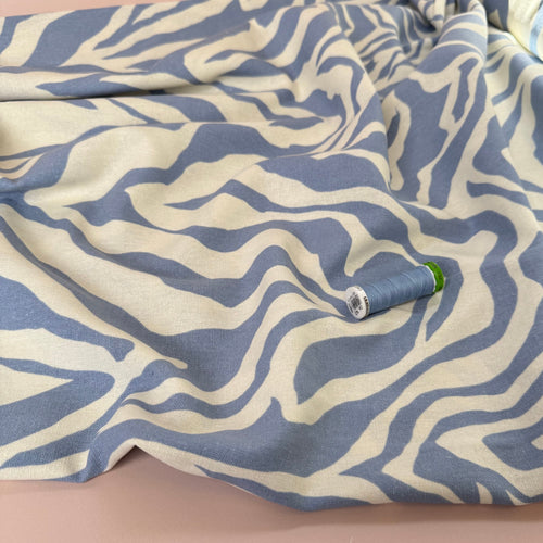 REMNANT 0.45 Metre - Zebra Blue and Off-White Linen Viscose Blend Fabric