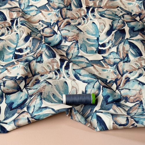 Icy Foliage in Blue Cotton Canvas Fabric
