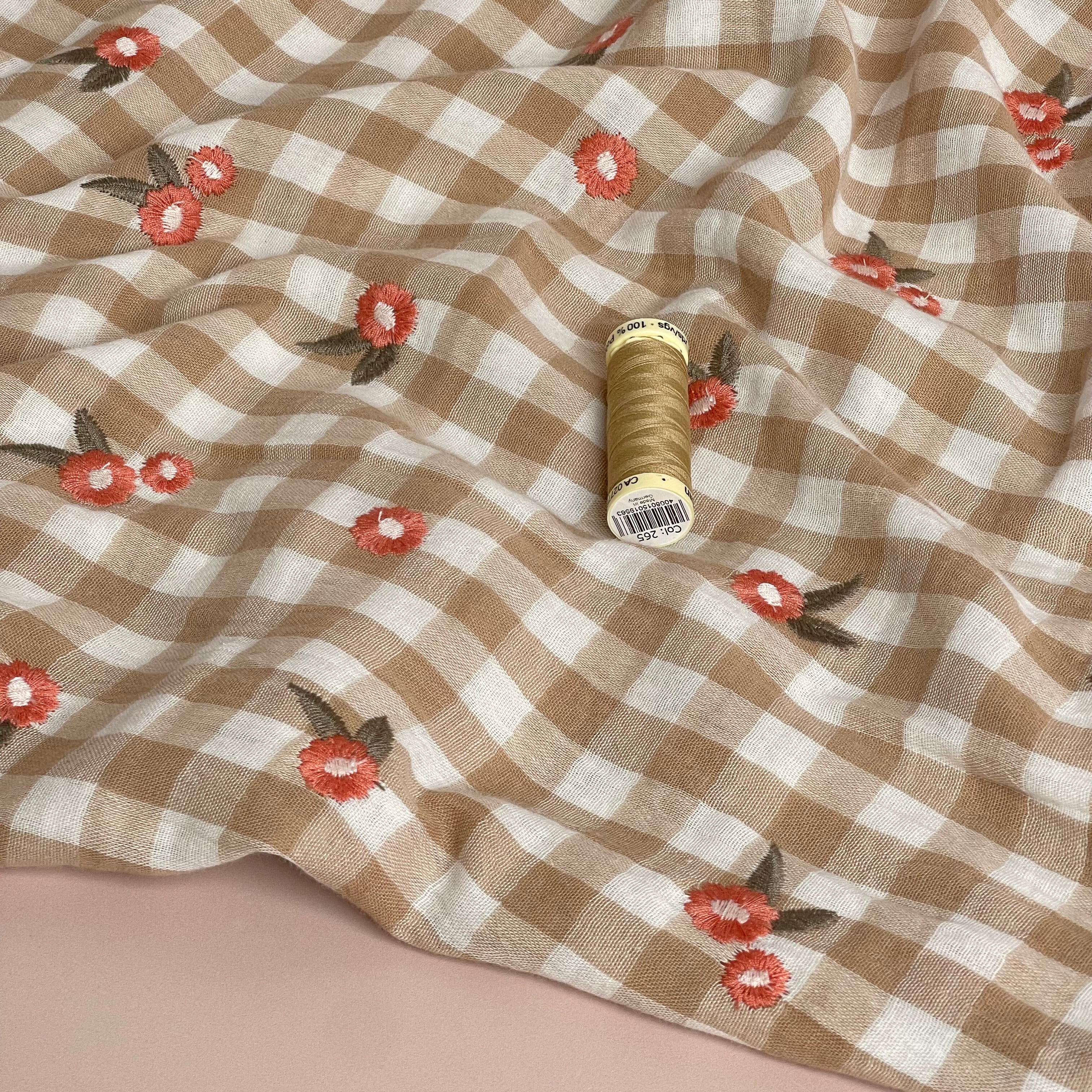 REMNANT 0.36 Metre - Embroidered Flowers on Beige Gingham Cotton Double Gauze