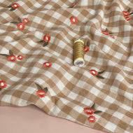 REMNANT 0.36 Metre - Embroidered Flowers on Beige Gingham Cotton Double Gauze