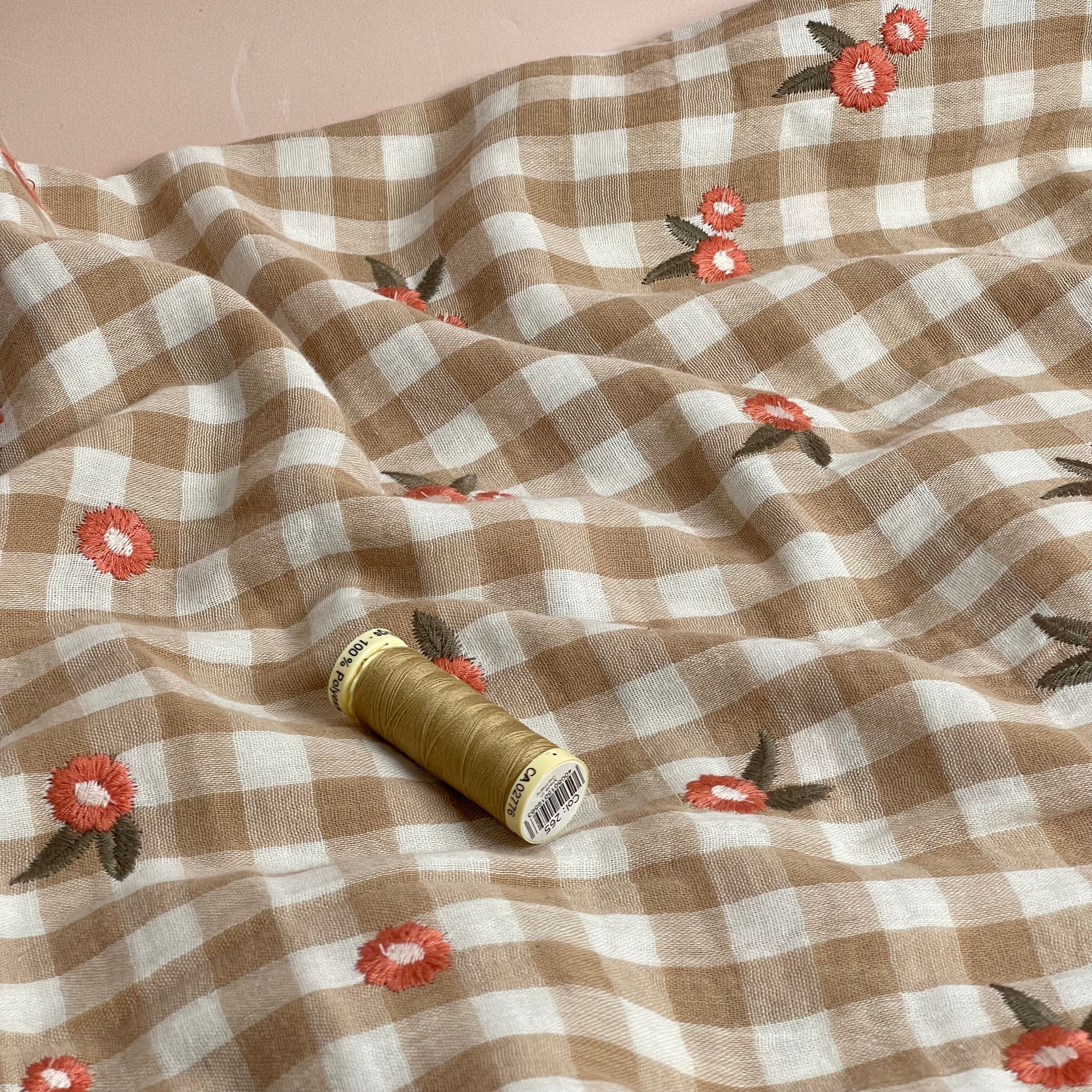 REMNANT 0.36 Metre - Embroidered Flowers on Beige Gingham Cotton Double Gauze