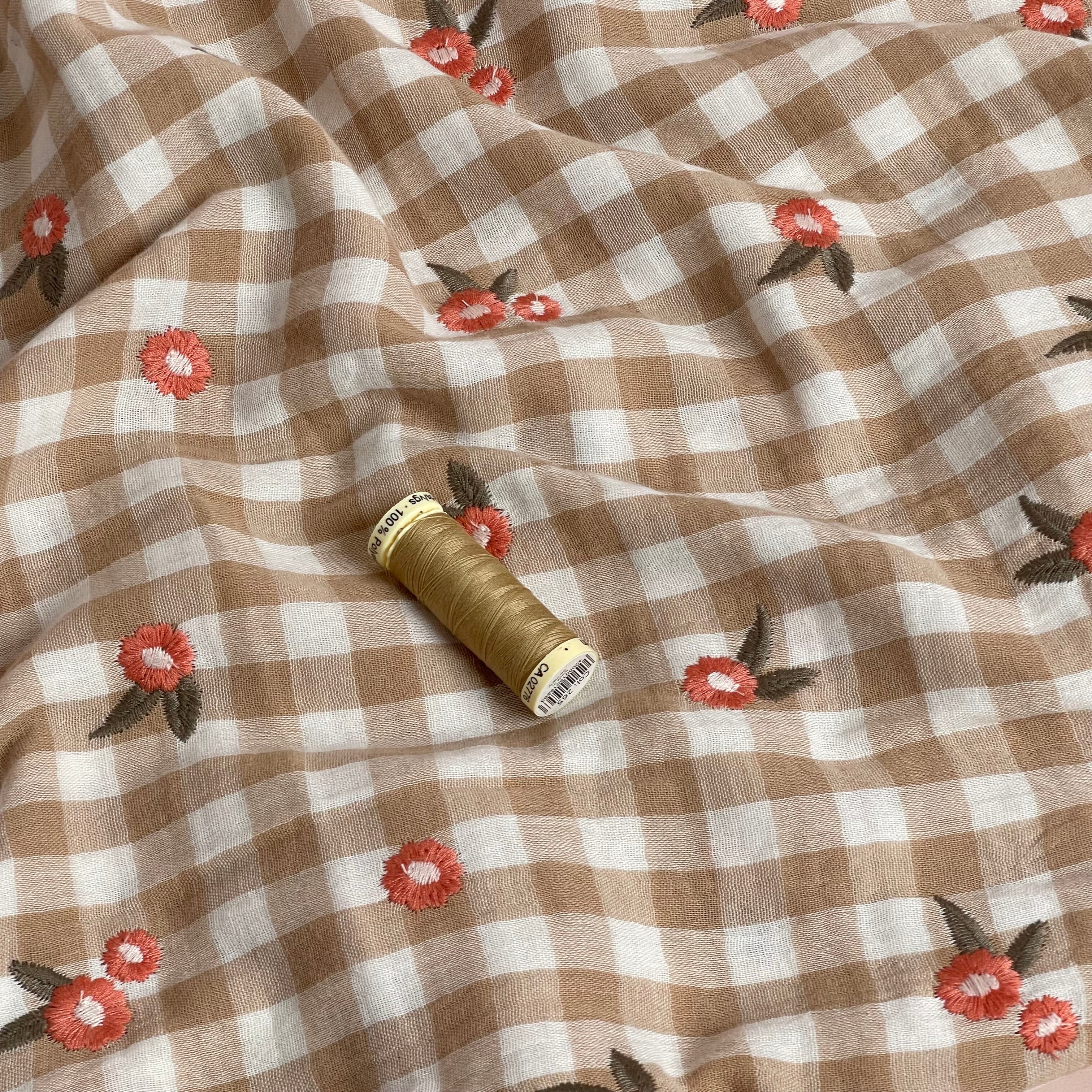 REMNANT 0.36 Metre - Embroidered Flowers on Beige Gingham Cotton Double Gauze
