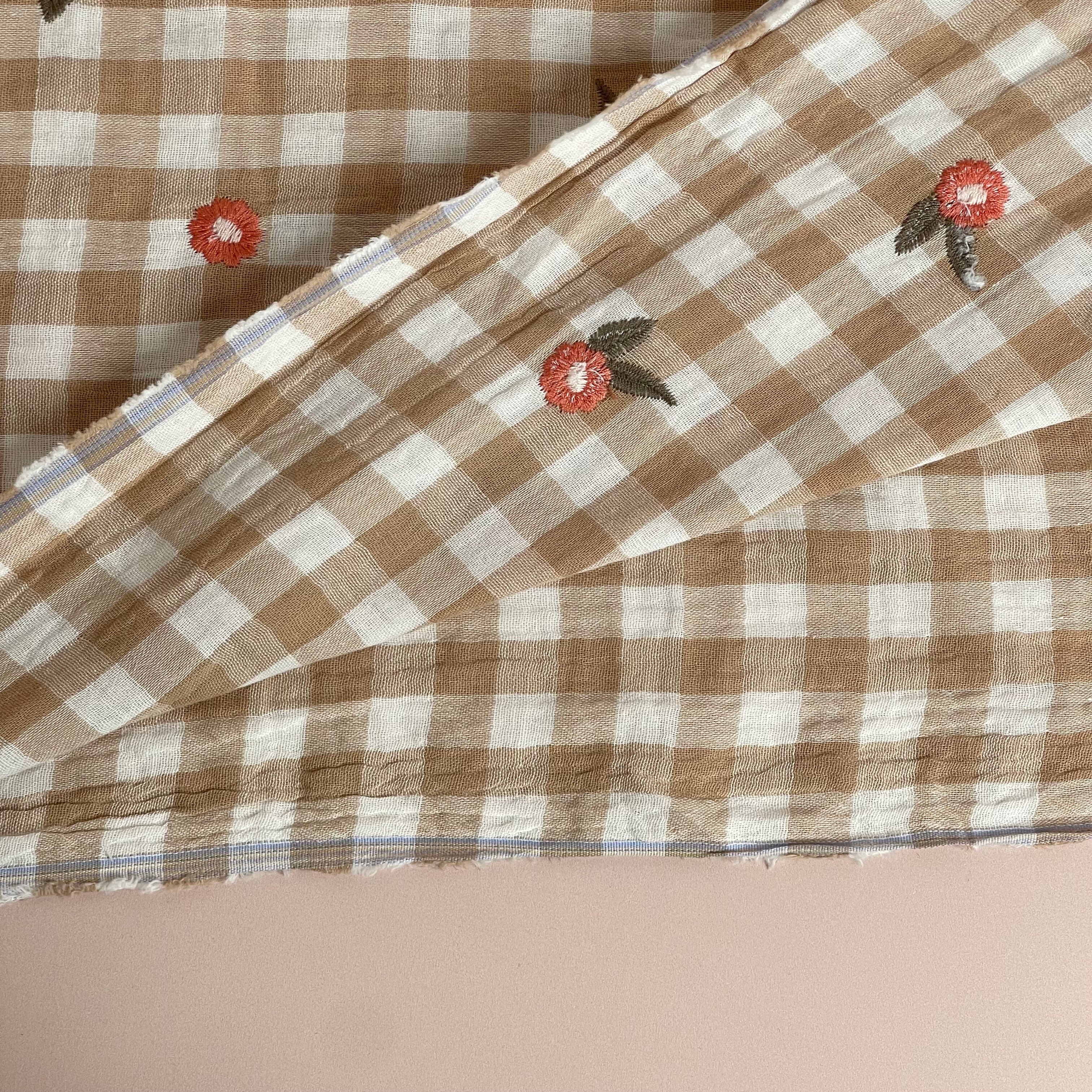 REMNANT 0.36 Metre - Embroidered Flowers on Beige Gingham Cotton Double Gauze