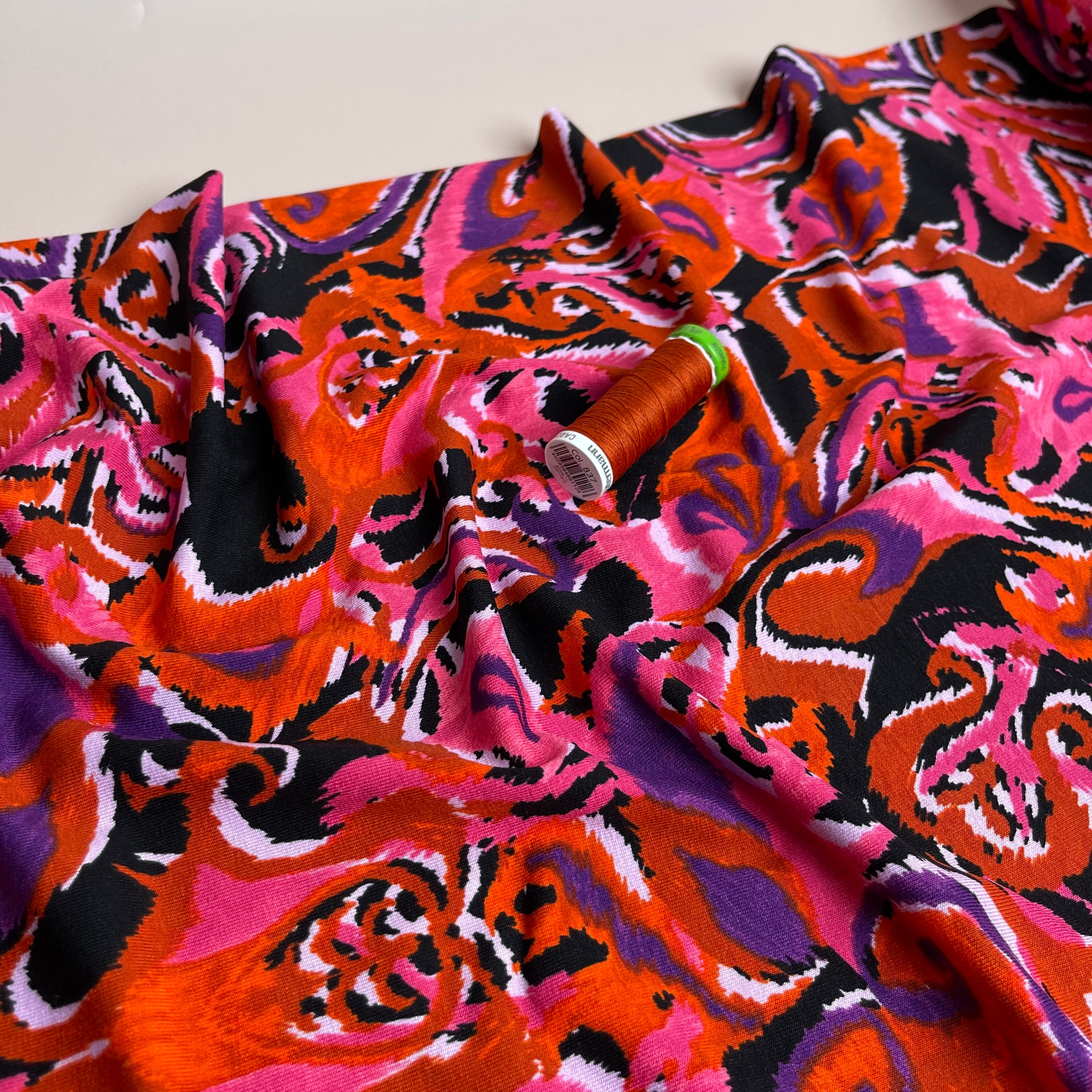 Abstract Paisley in Pink & Orange De Luxe Viscose Jersey