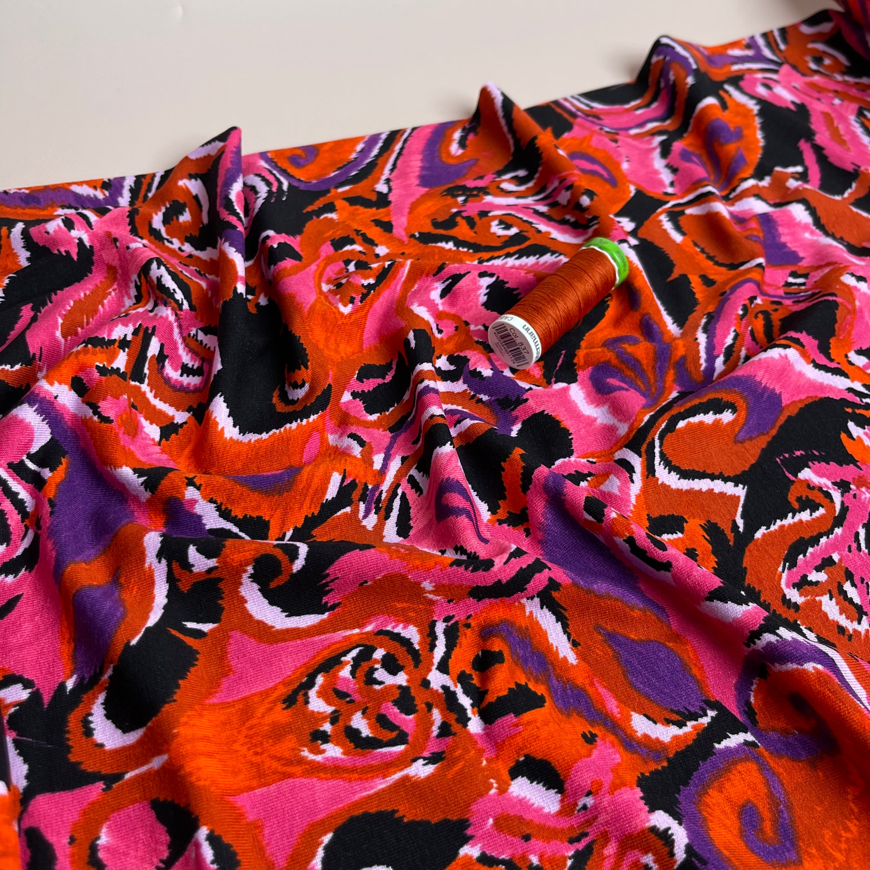 Abstract Paisley in Pink & Orange De Luxe Viscose Jersey