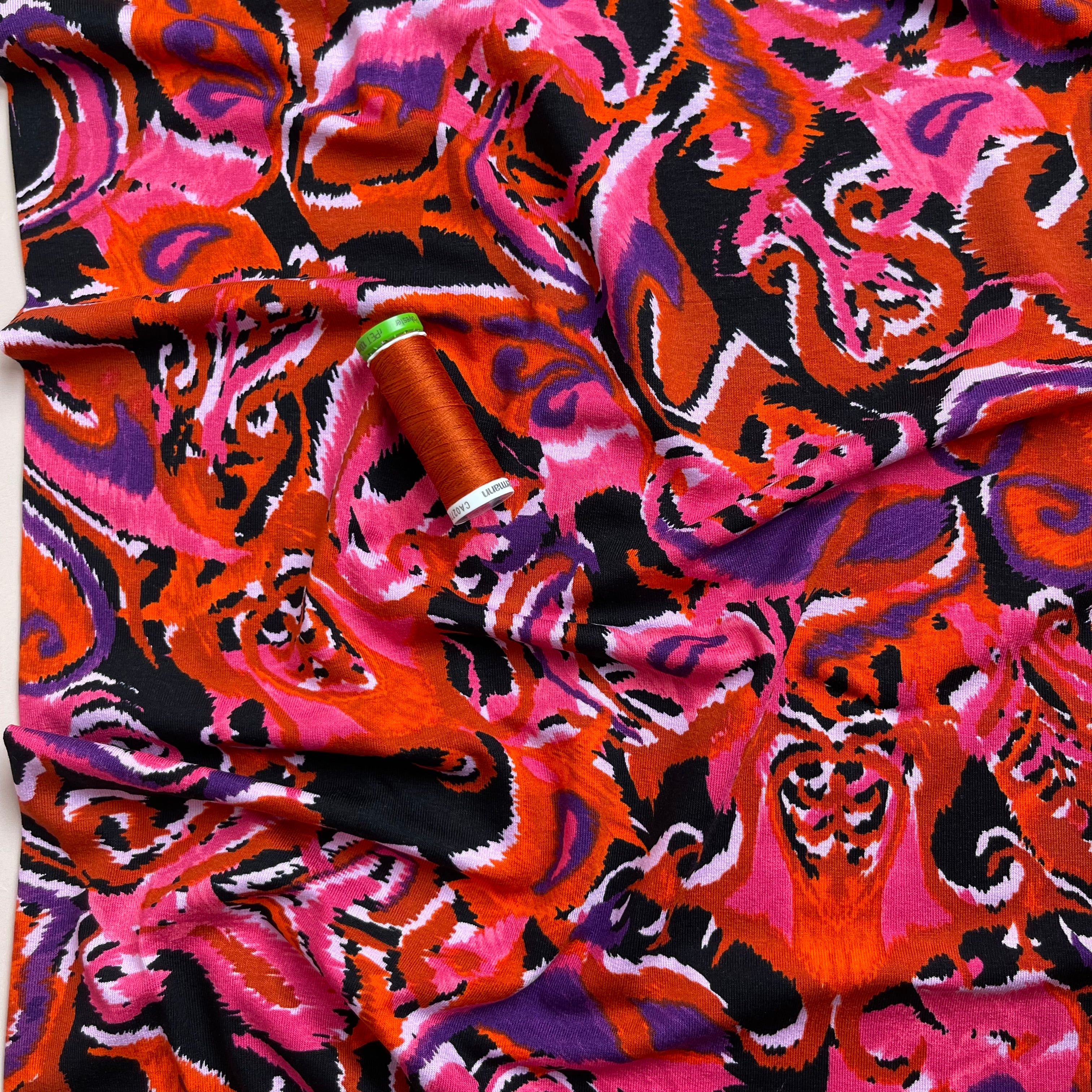 Abstract Paisley in Pink & Orange De Luxe Viscose Jersey