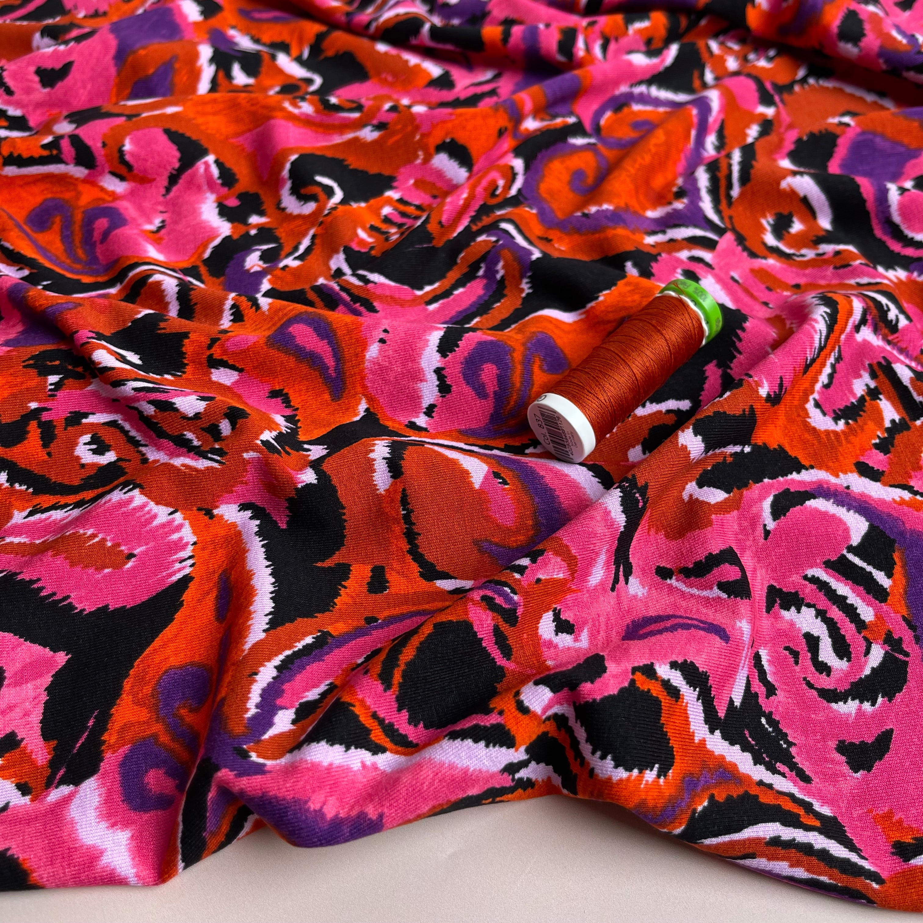 Abstract Paisley in Pink & Orange De Luxe Viscose Jersey