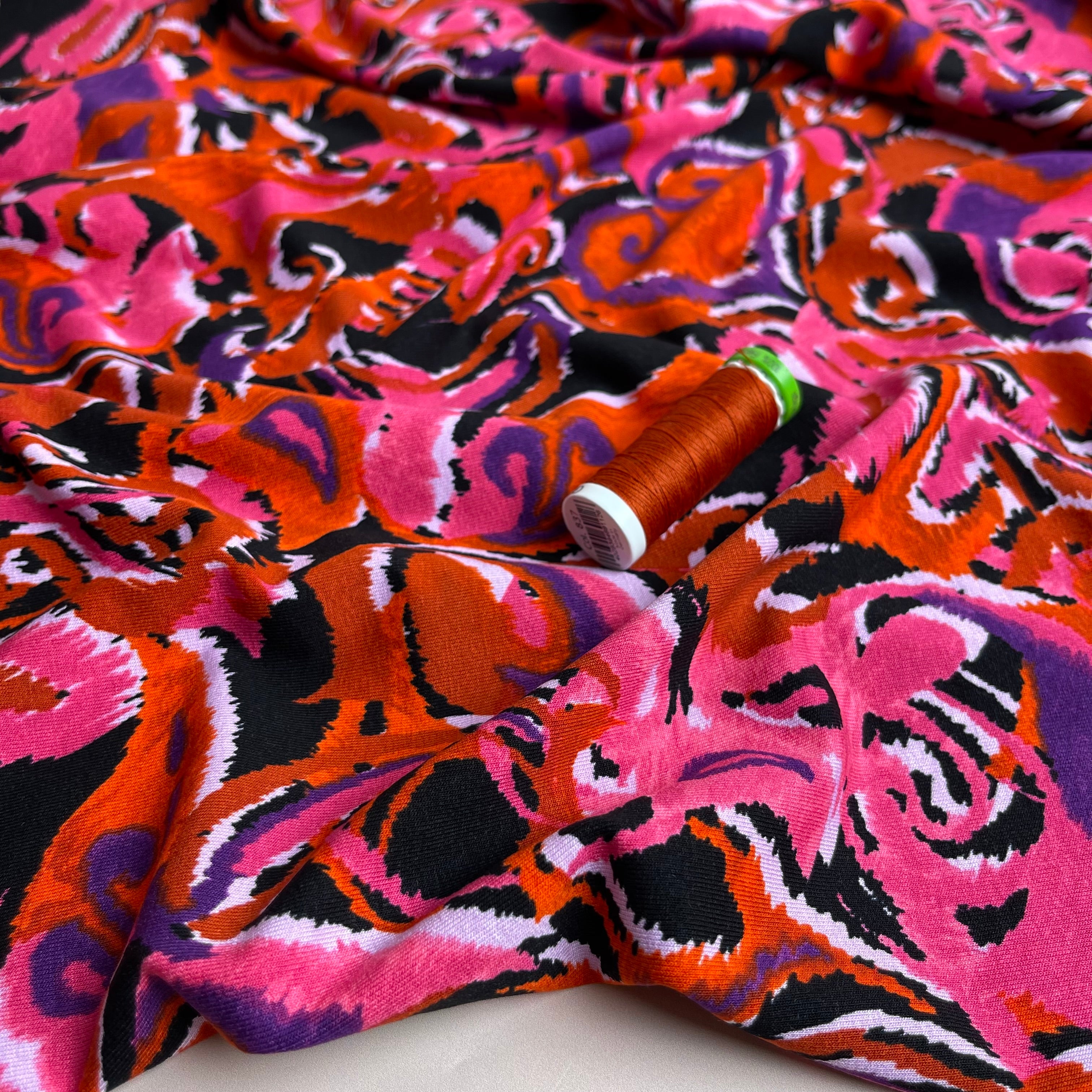 Abstract Paisley in Pink & Orange De Luxe Viscose Jersey