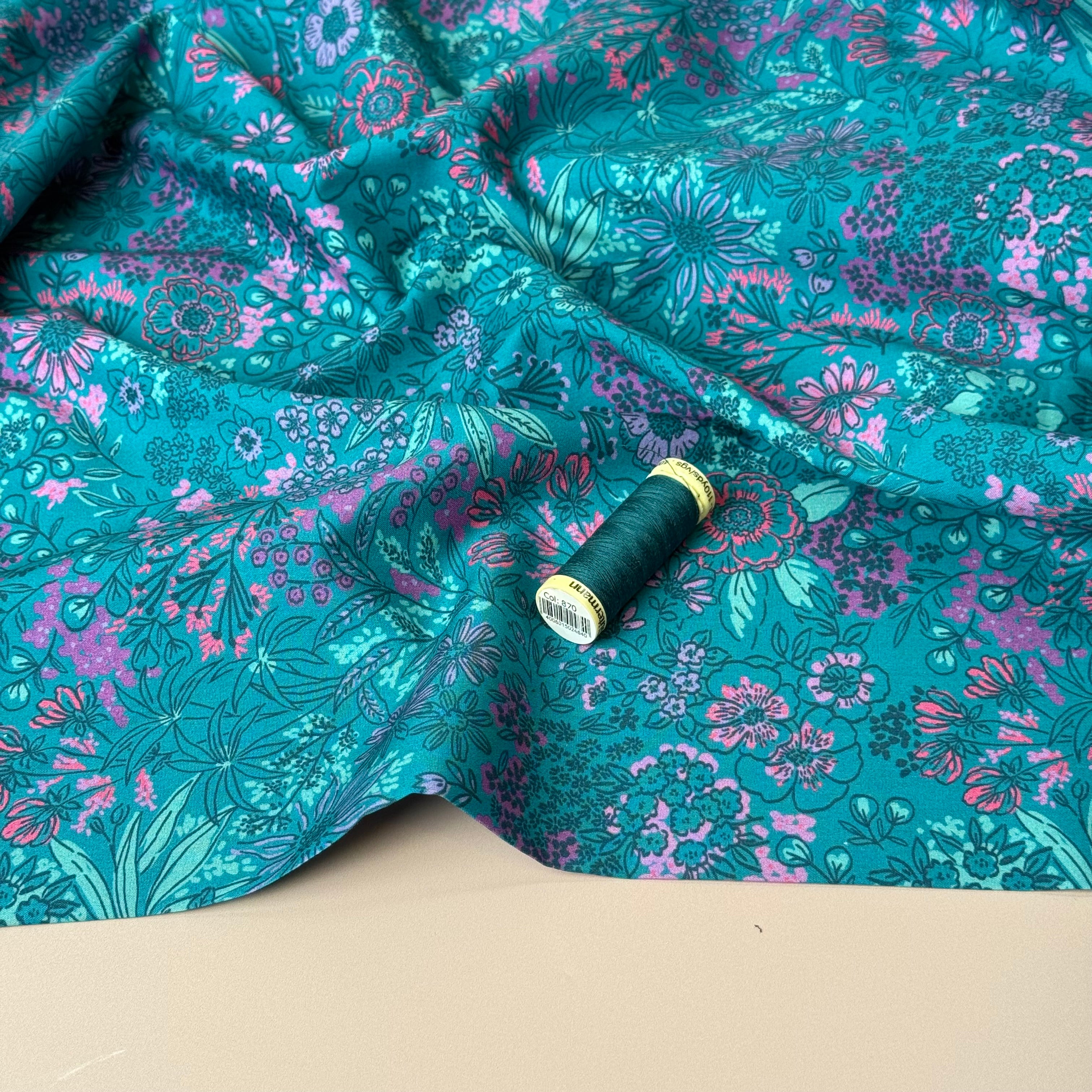 Meadow Flowers Petrol Fine Cotton Poplin Fabric