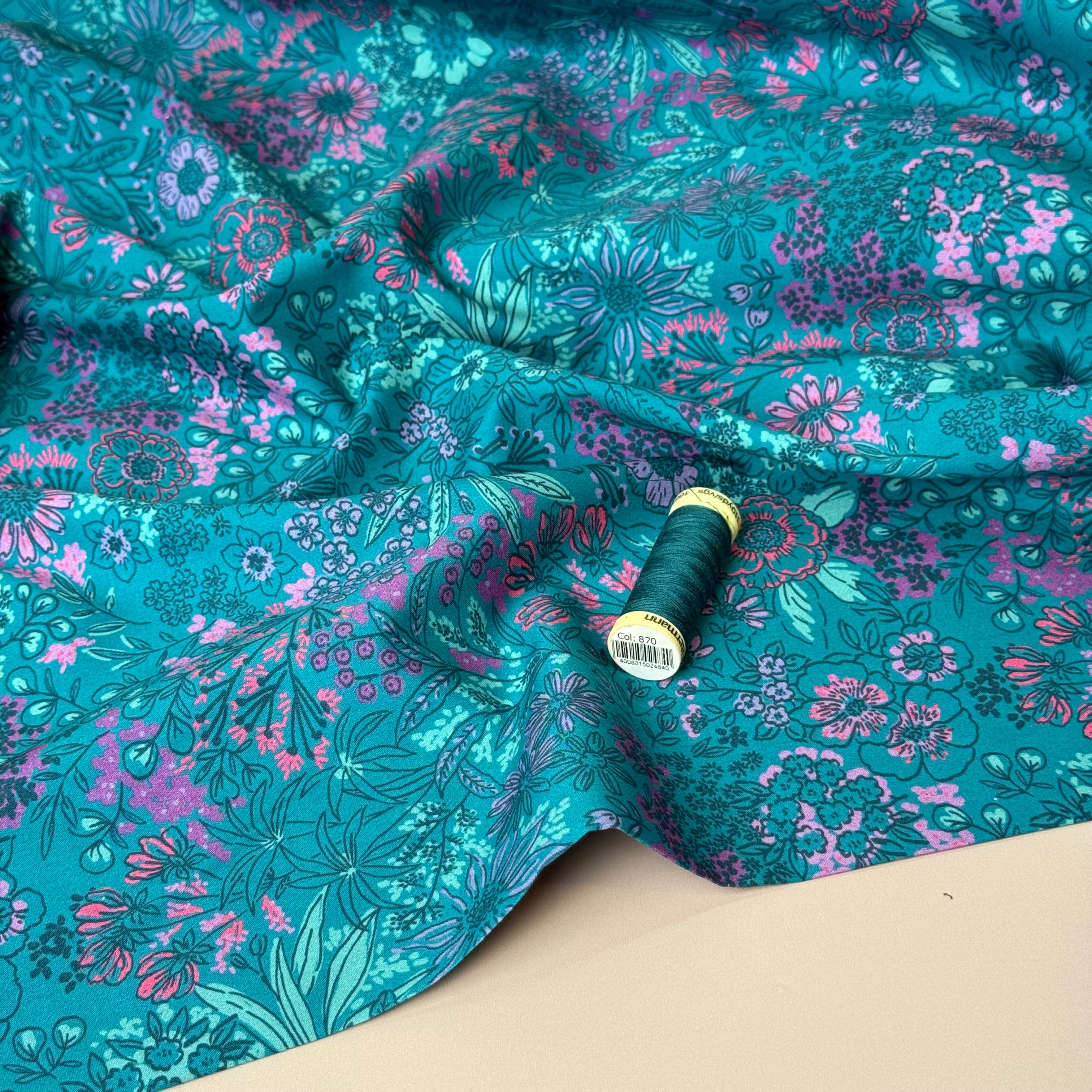 Meadow Flowers Petrol Fine Cotton Poplin Fabric