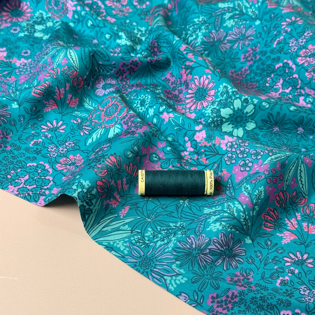 Meadow Flowers Petrol Fine Cotton Poplin Fabric