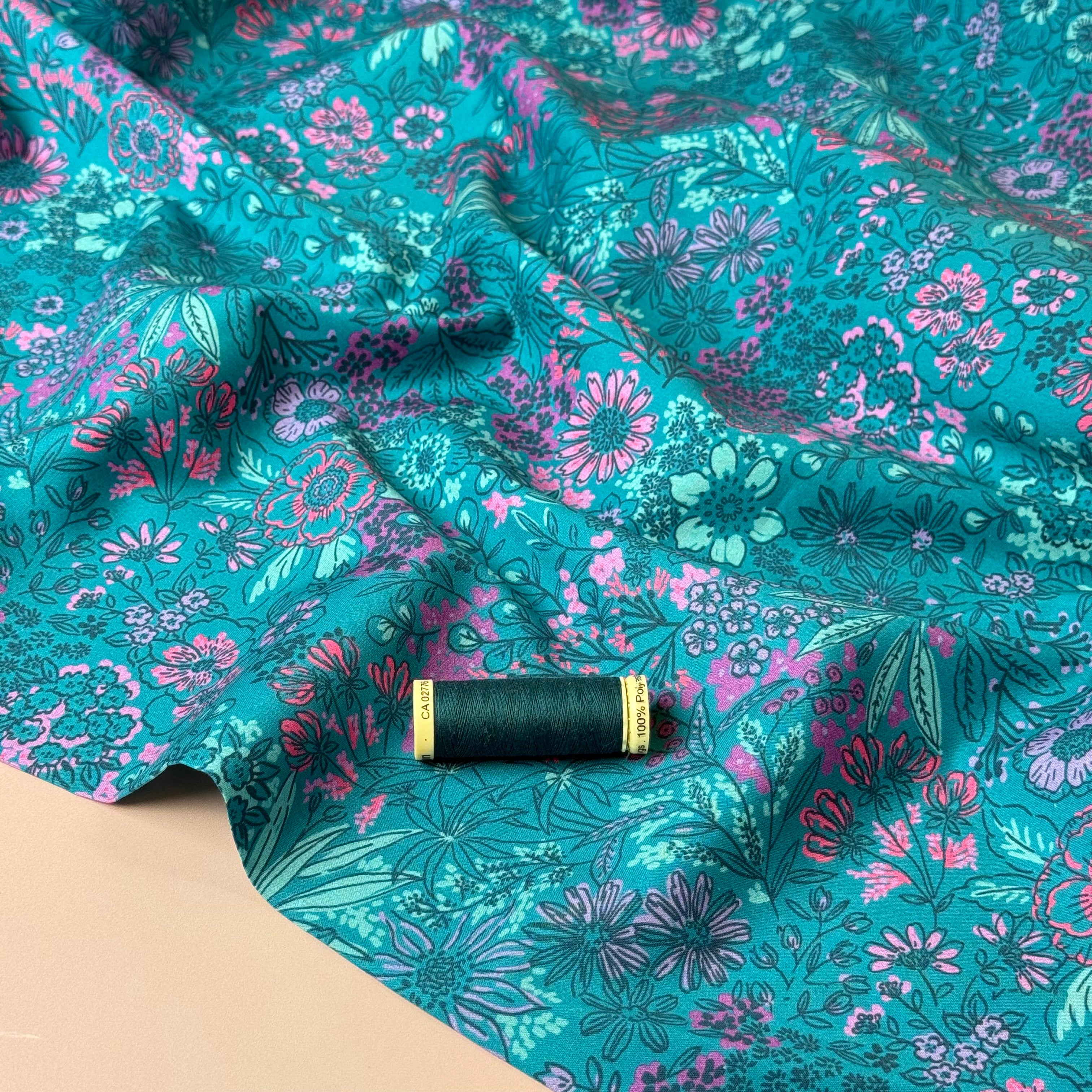 Meadow Flowers Petrol Fine Cotton Poplin Fabric