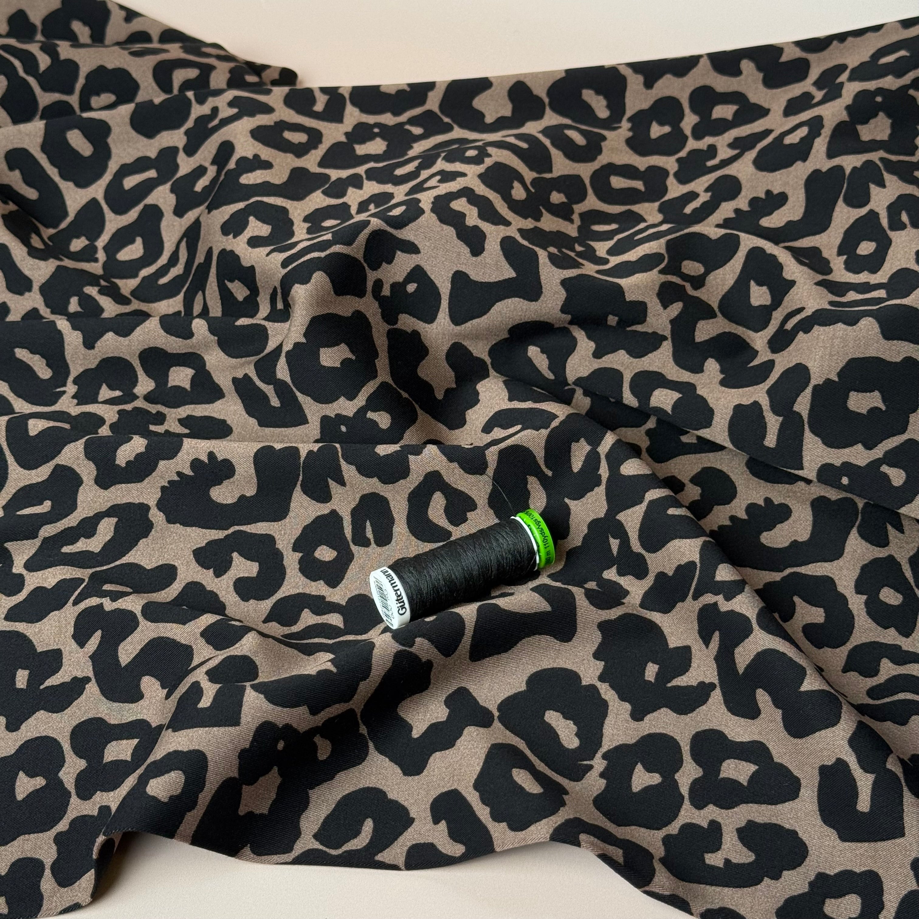 Rosella Leopard Black Viscose Twill with Stretch