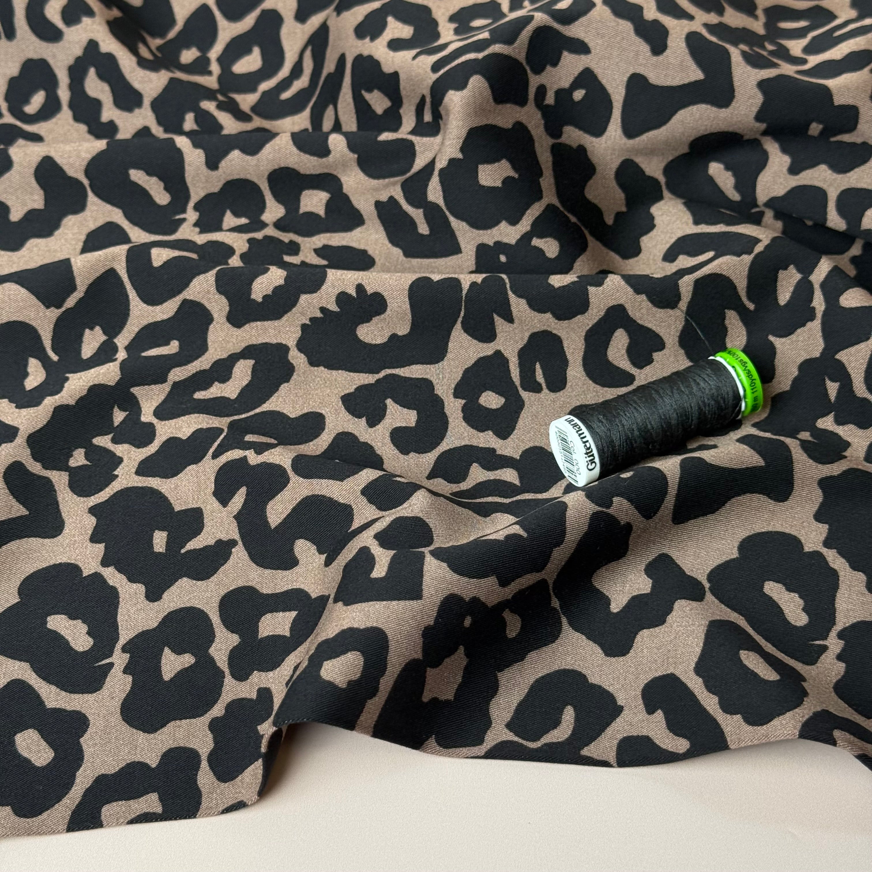 Rosella Leopard Black Viscose Twill with Stretch