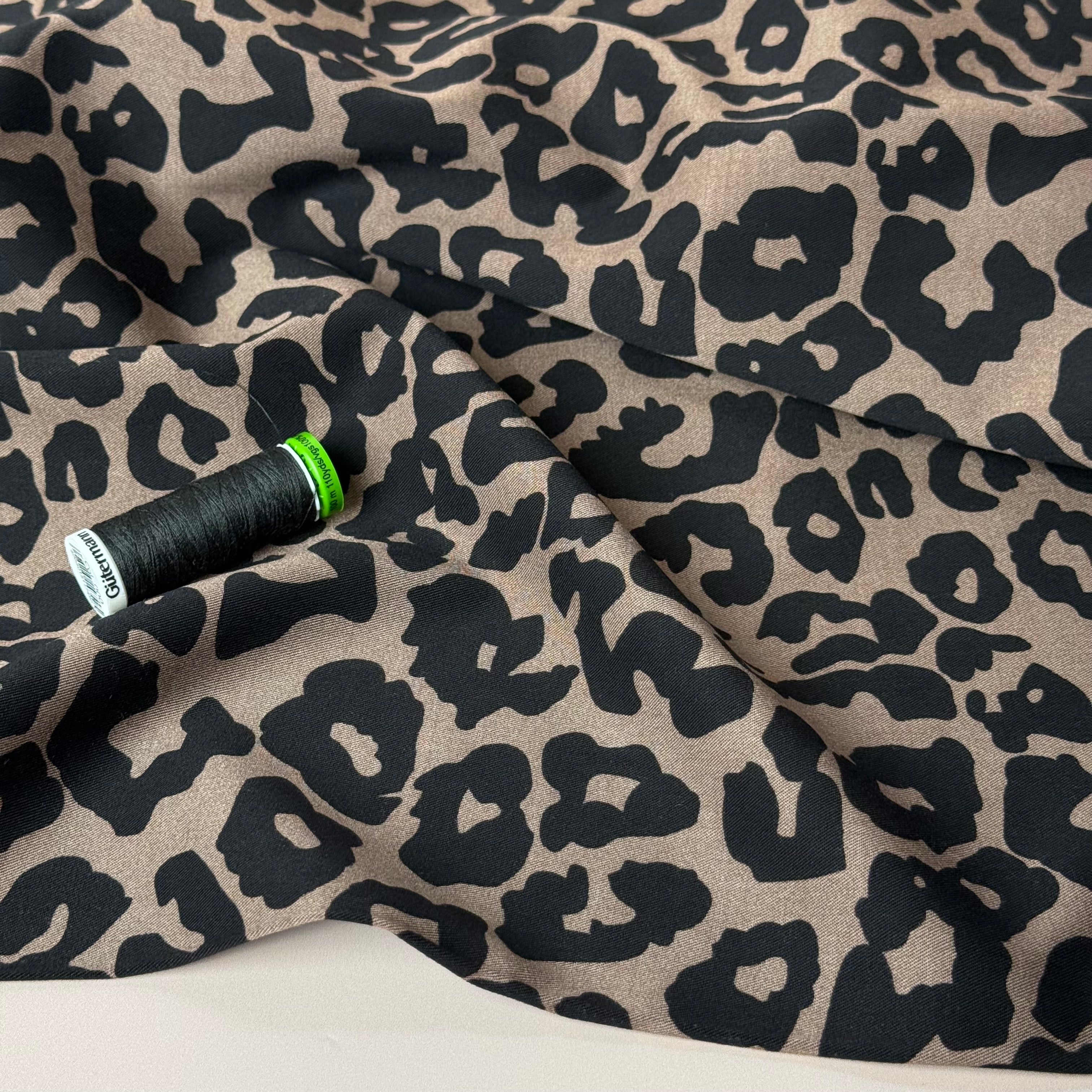 Rosella Leopard Black Viscose Twill with Stretch
