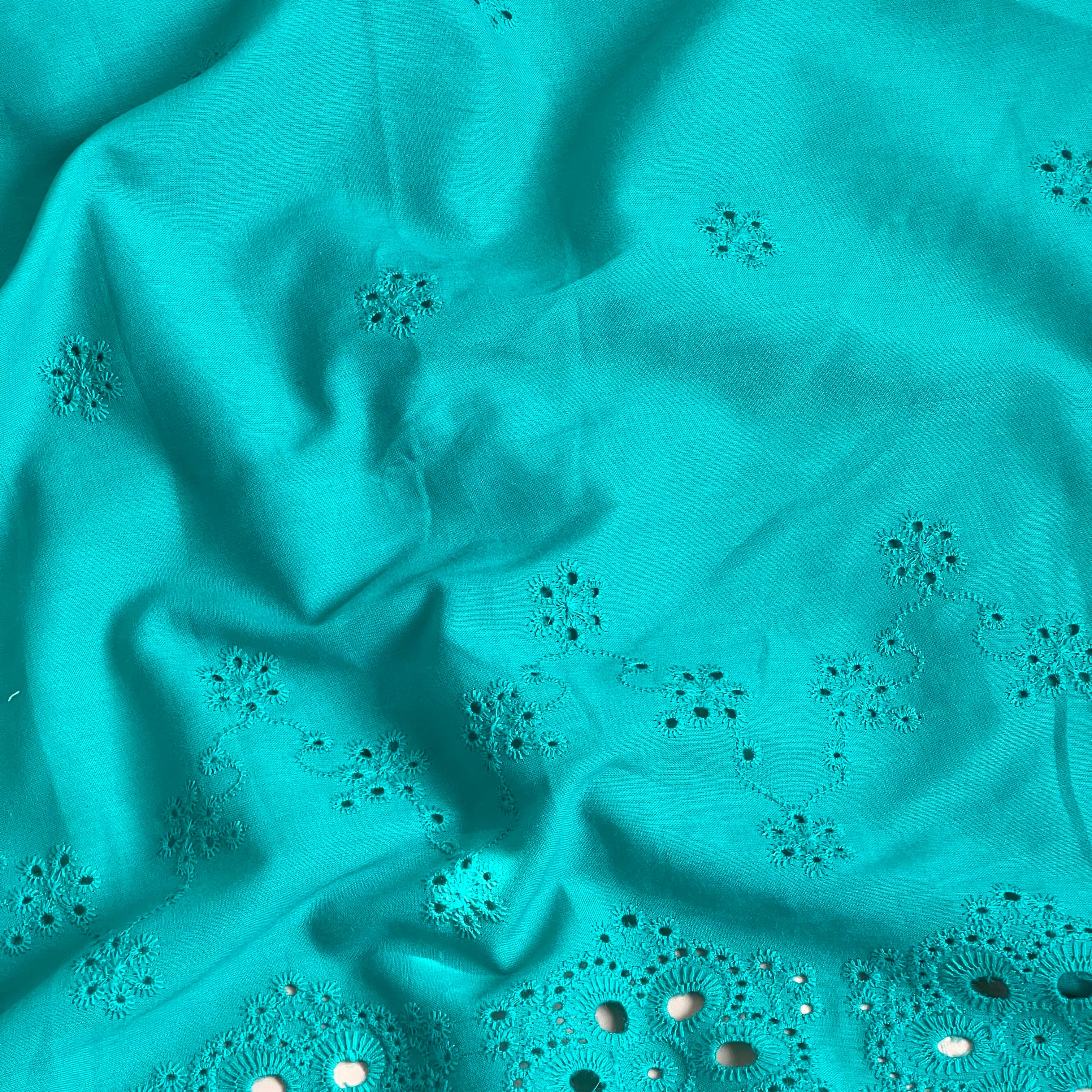 Scalloped Embroidered Turquoise Cotton Fabric
