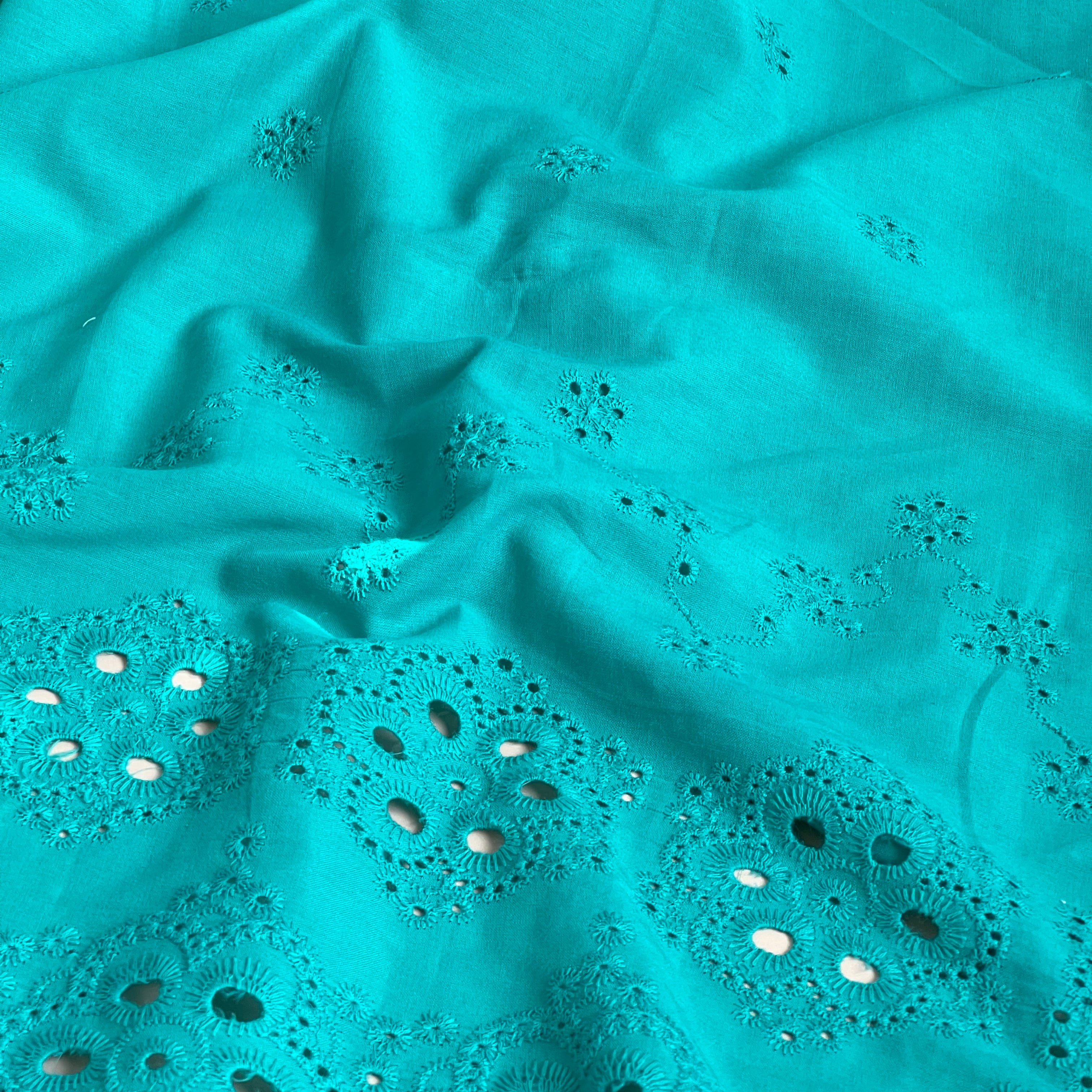 Scalloped Embroidered Turquoise Cotton Fabric