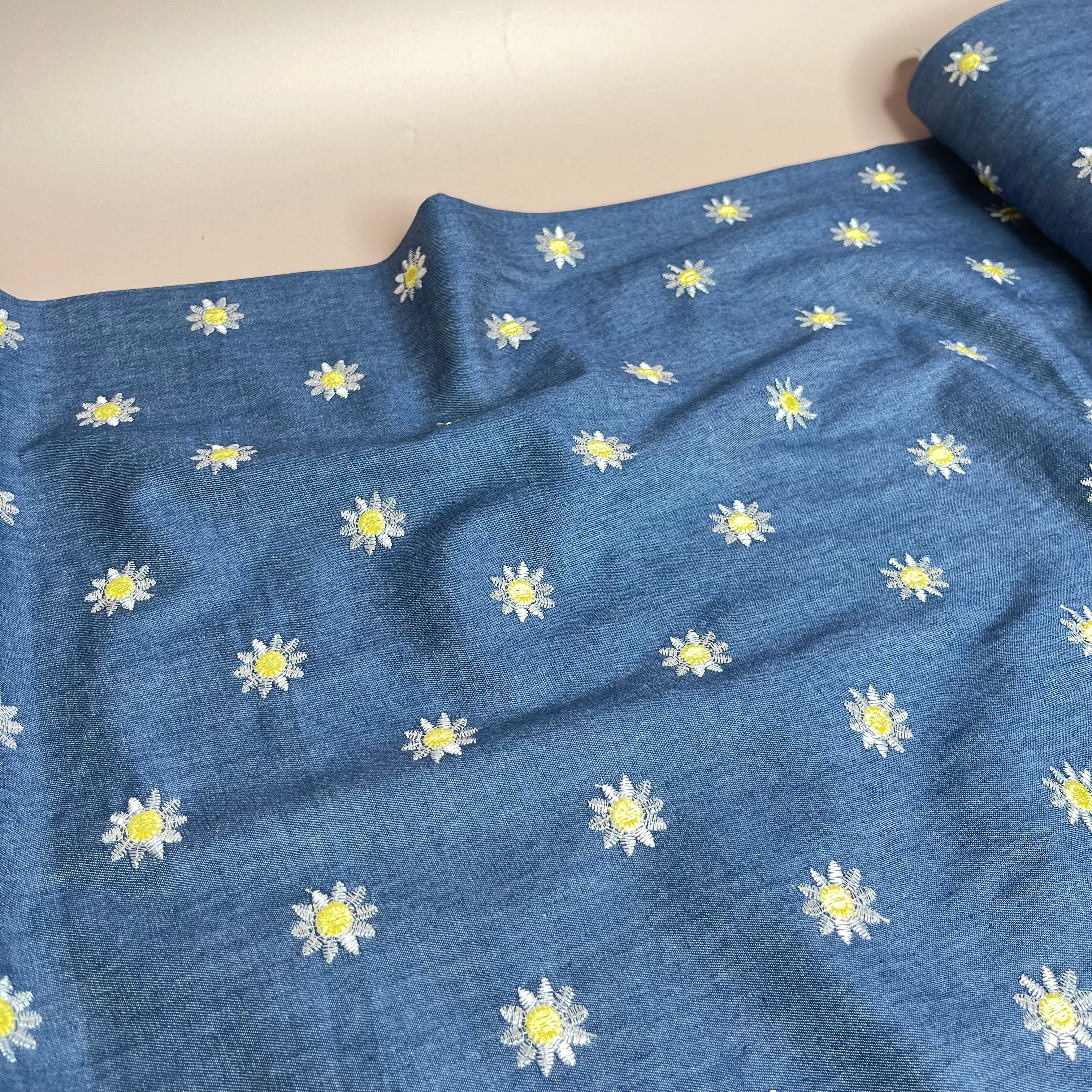 Daisies on Denim Embroidered Cotton Chambray