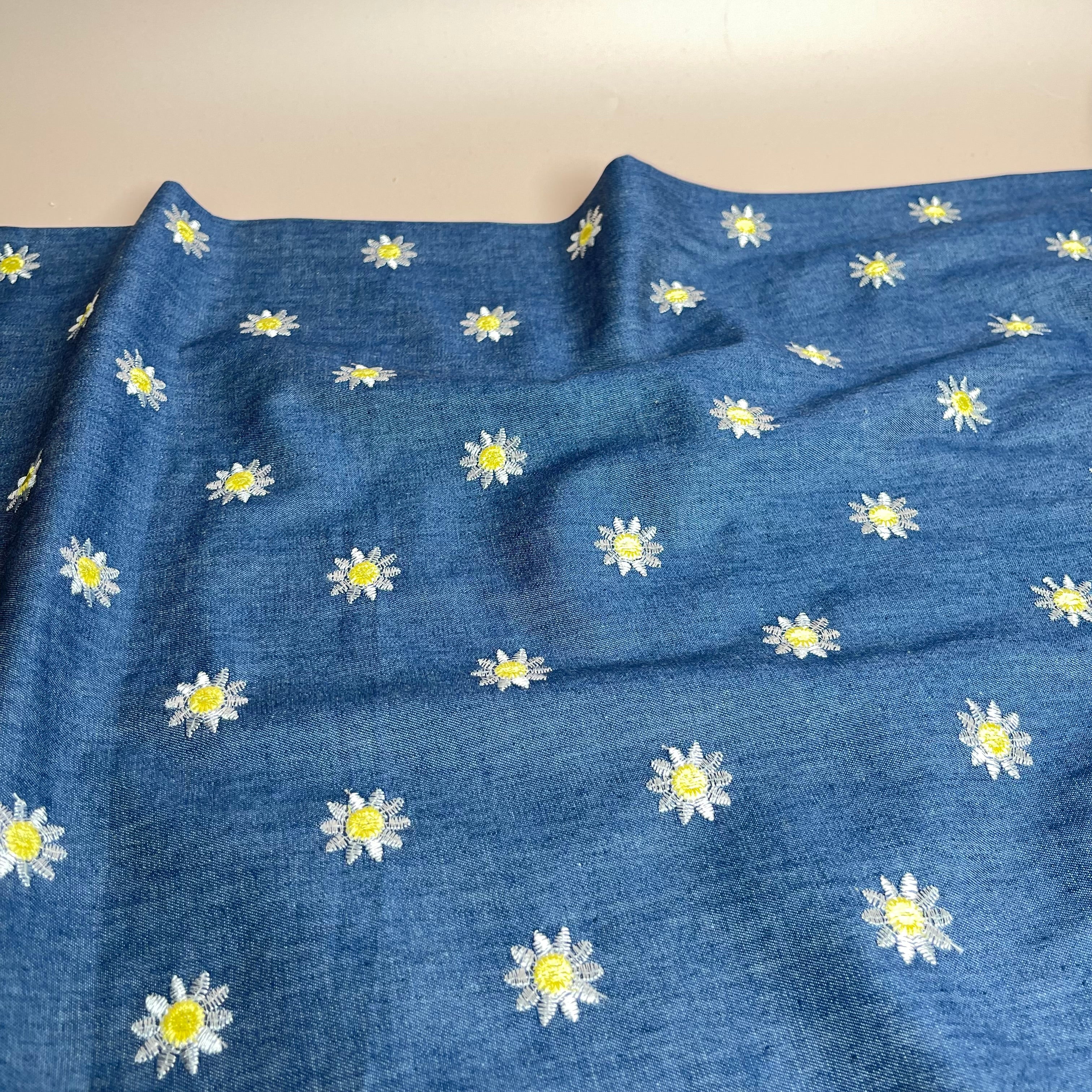 Daisies on Denim Embroidered Cotton Chambray