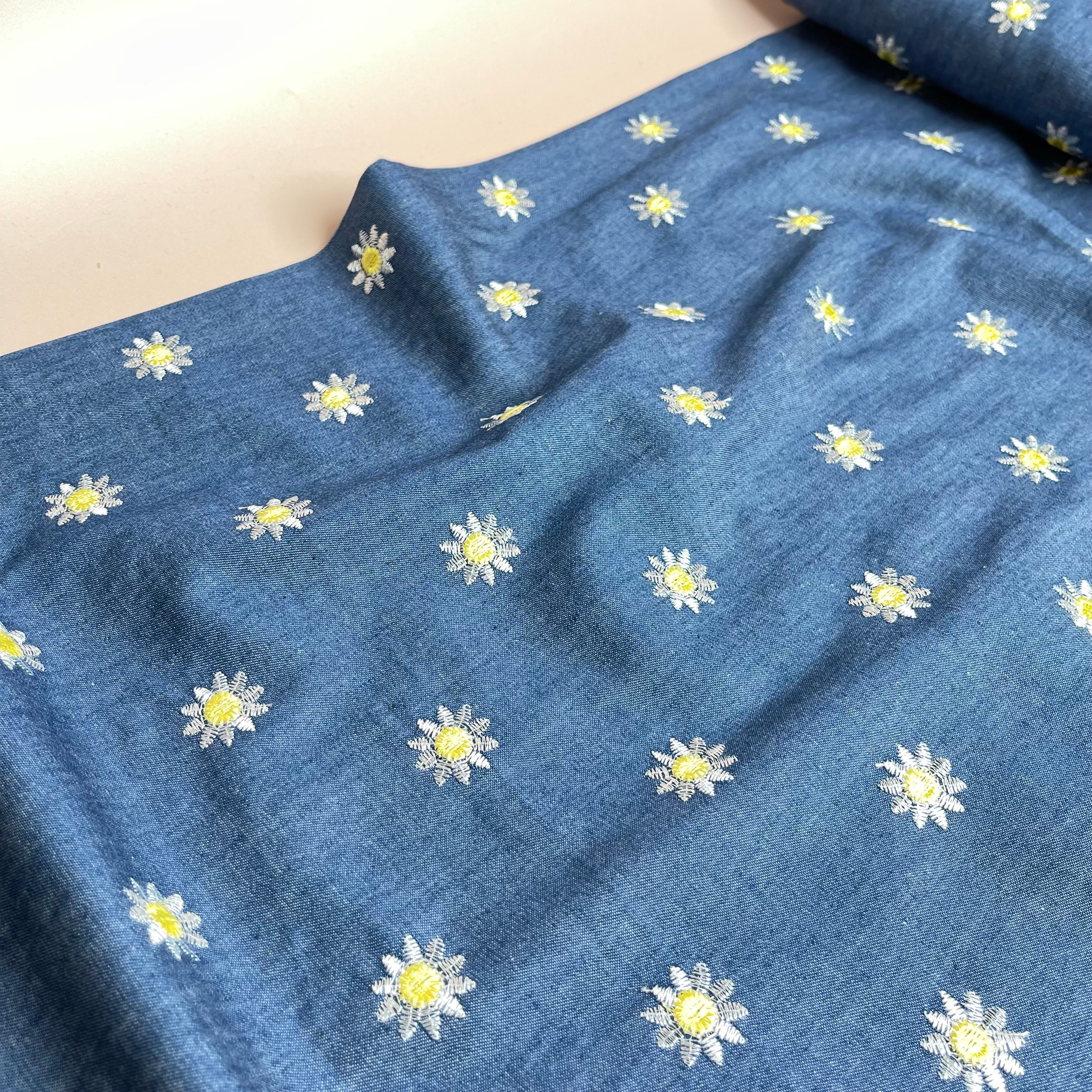 Daisies on Denim Embroidered Cotton Chambray