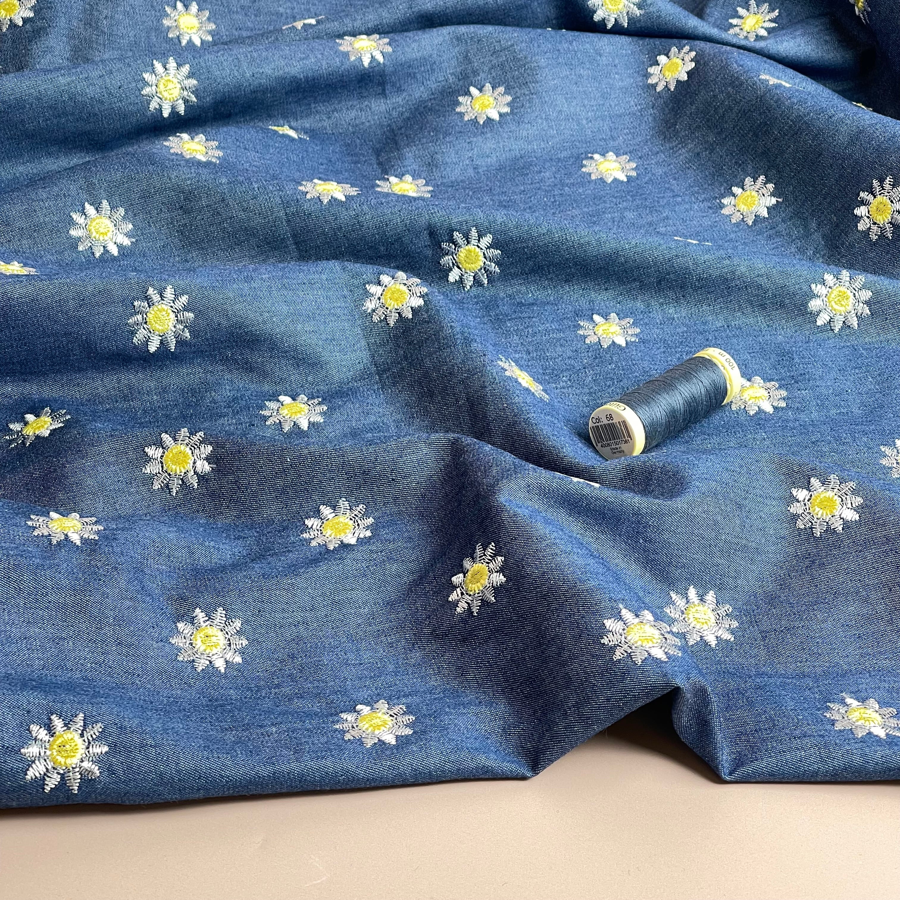 Daisies on Denim Embroidered Cotton Chambray