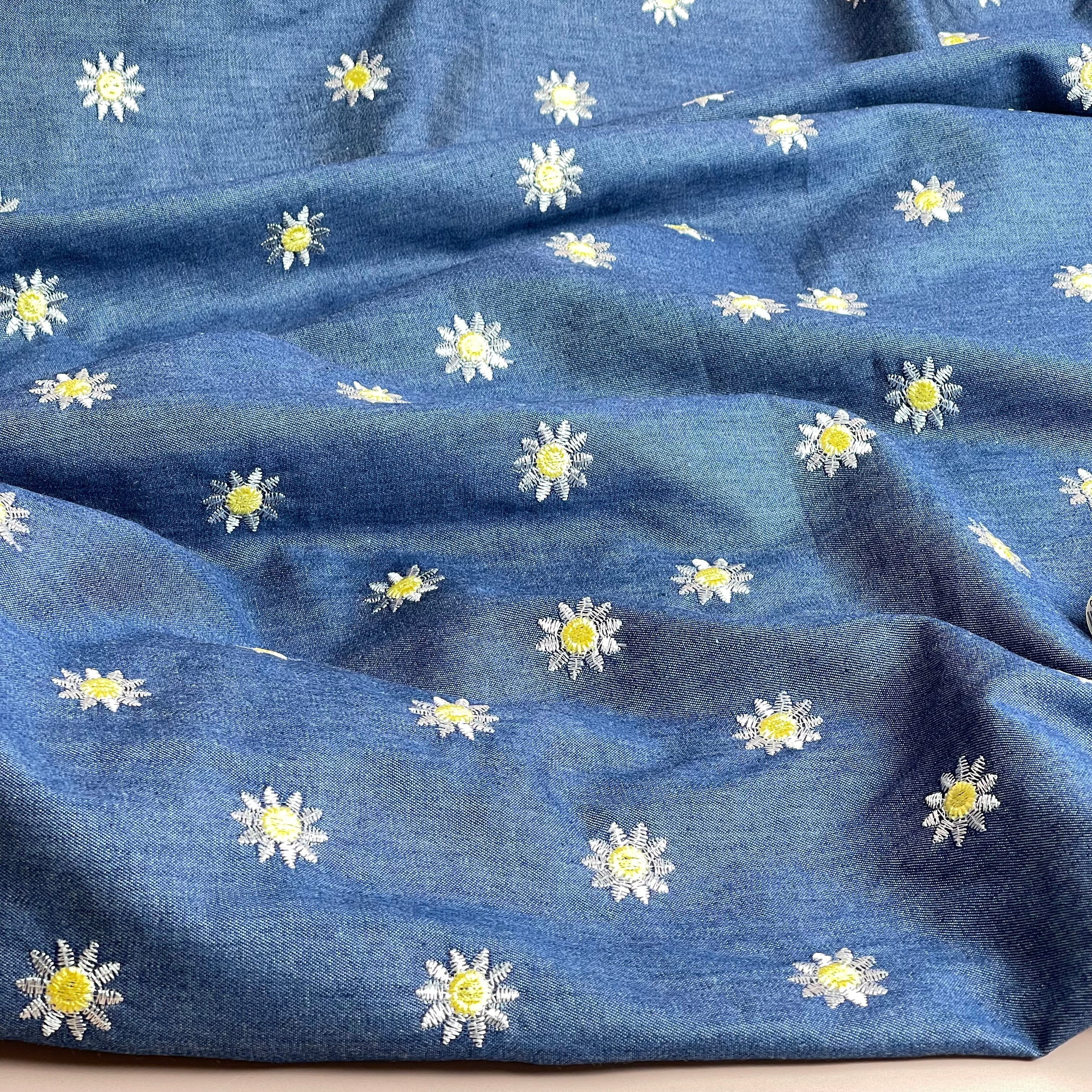 Daisies on Denim Embroidered Cotton Chambray