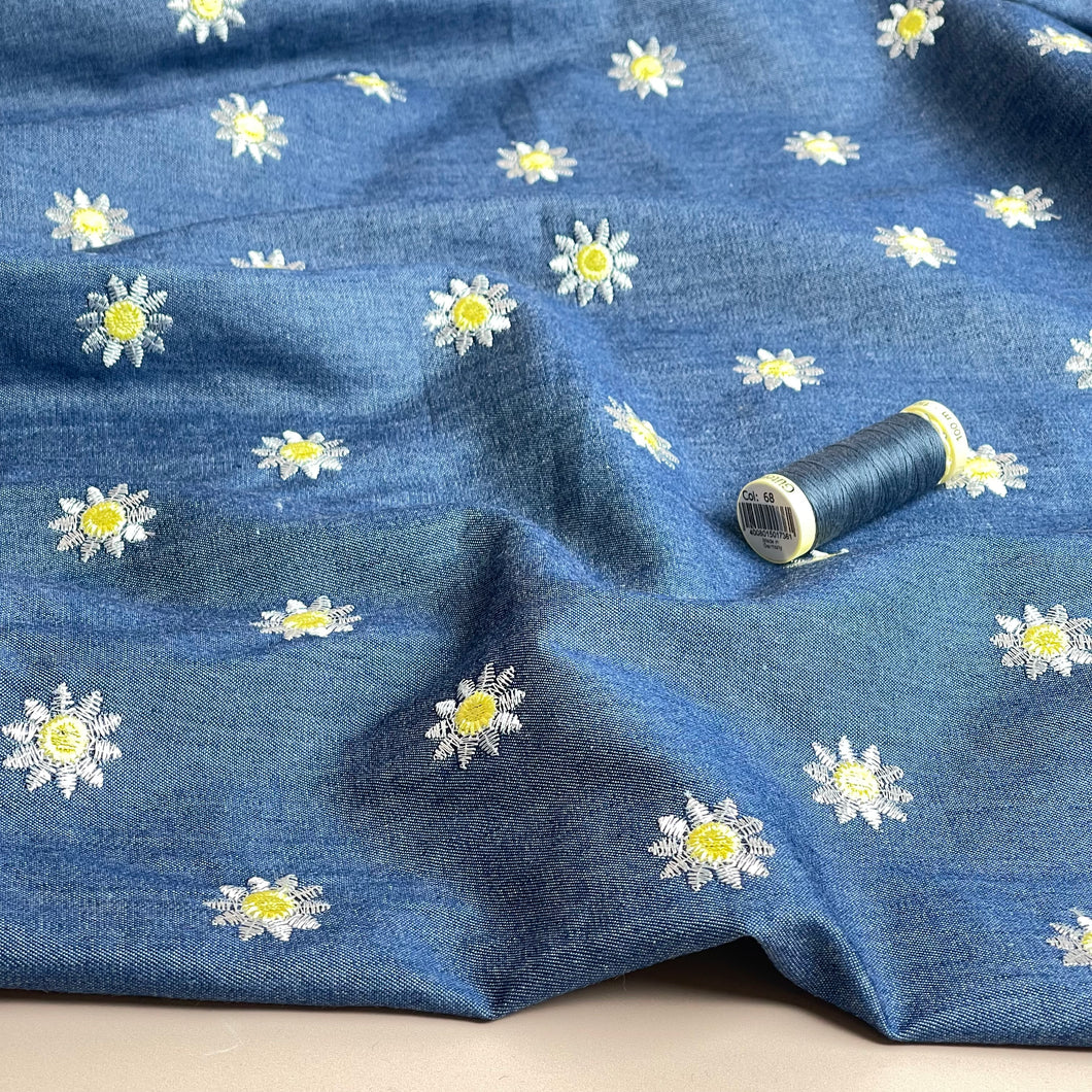 Daisies on Denim Embroidered Cotton Chambray