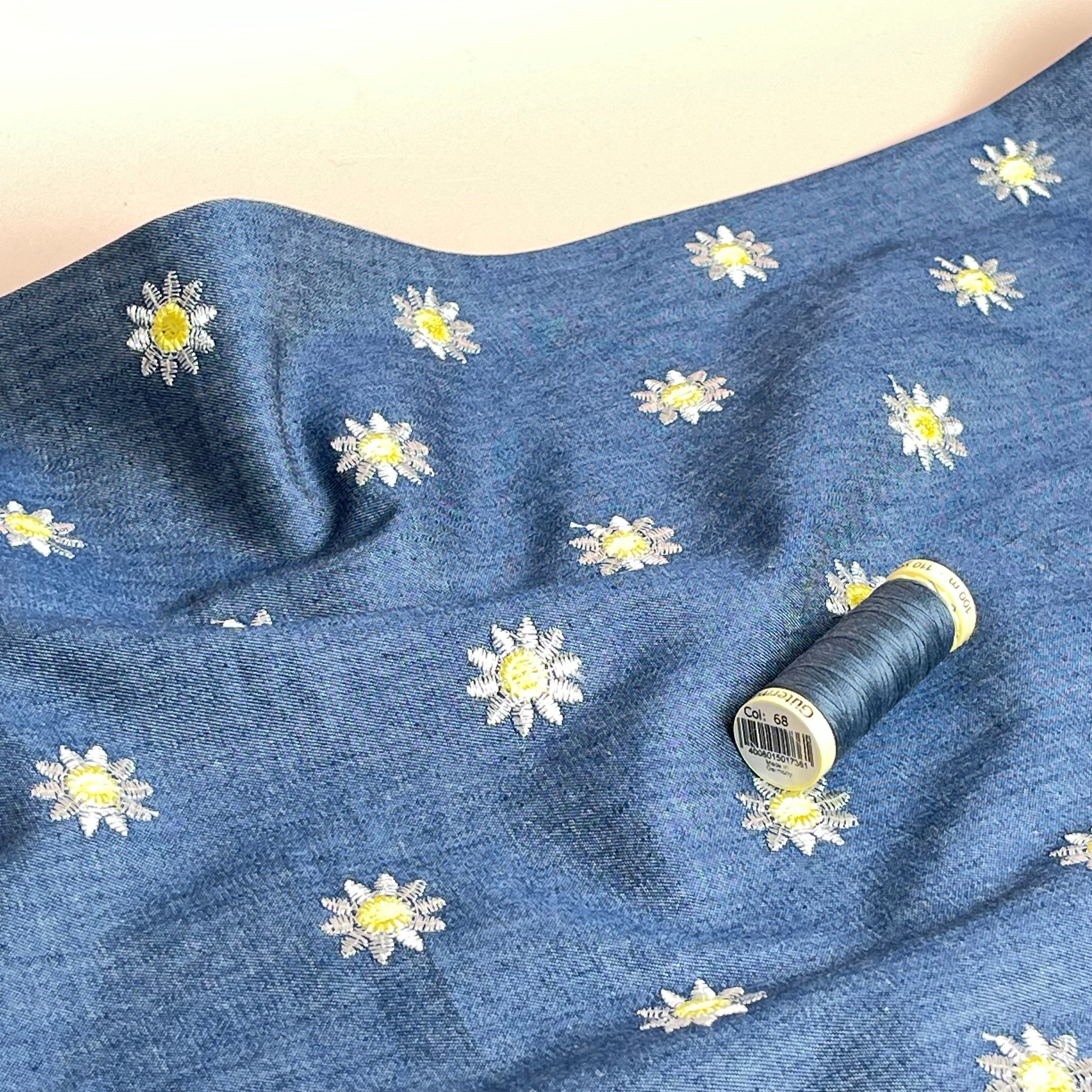 Daisies on Denim Embroidered Cotton Chambray