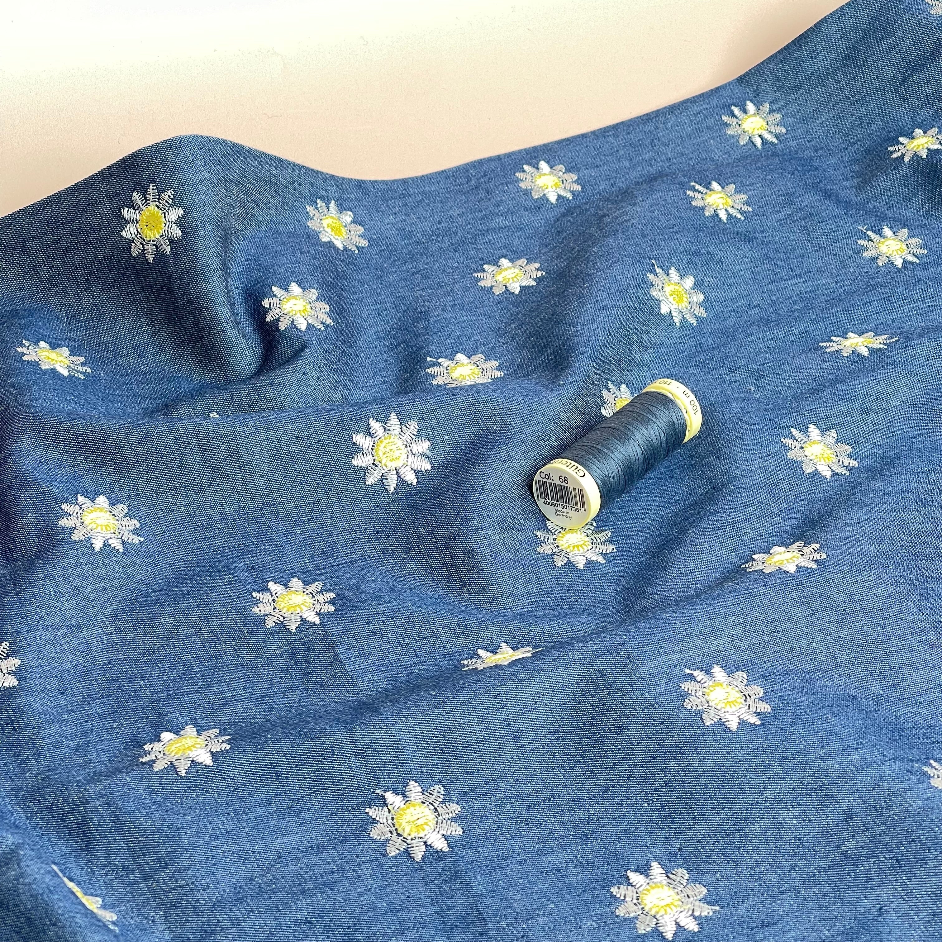 Daisies on Denim Embroidered Cotton Chambray