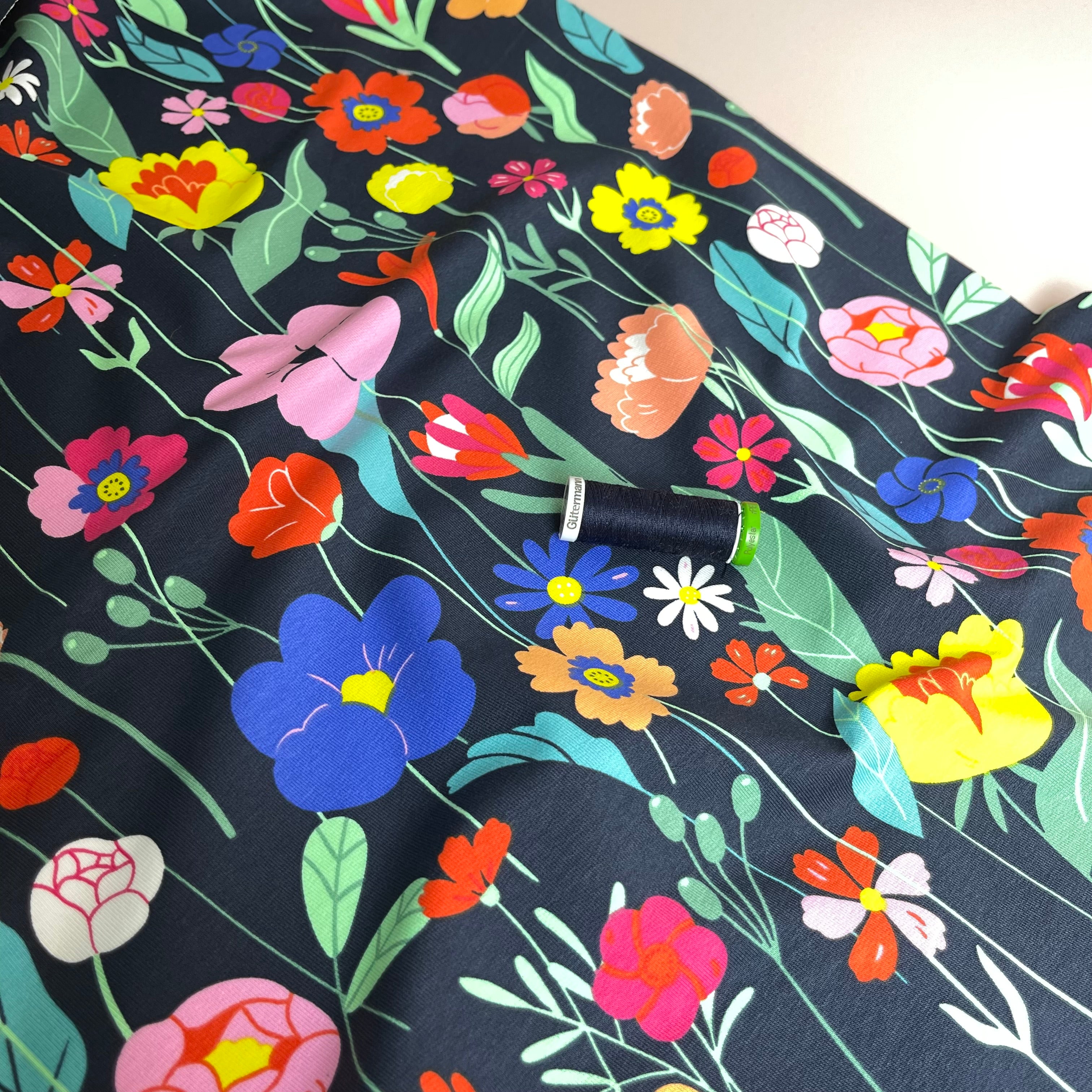 Colourful Flowers on Navy Cotton French Terry