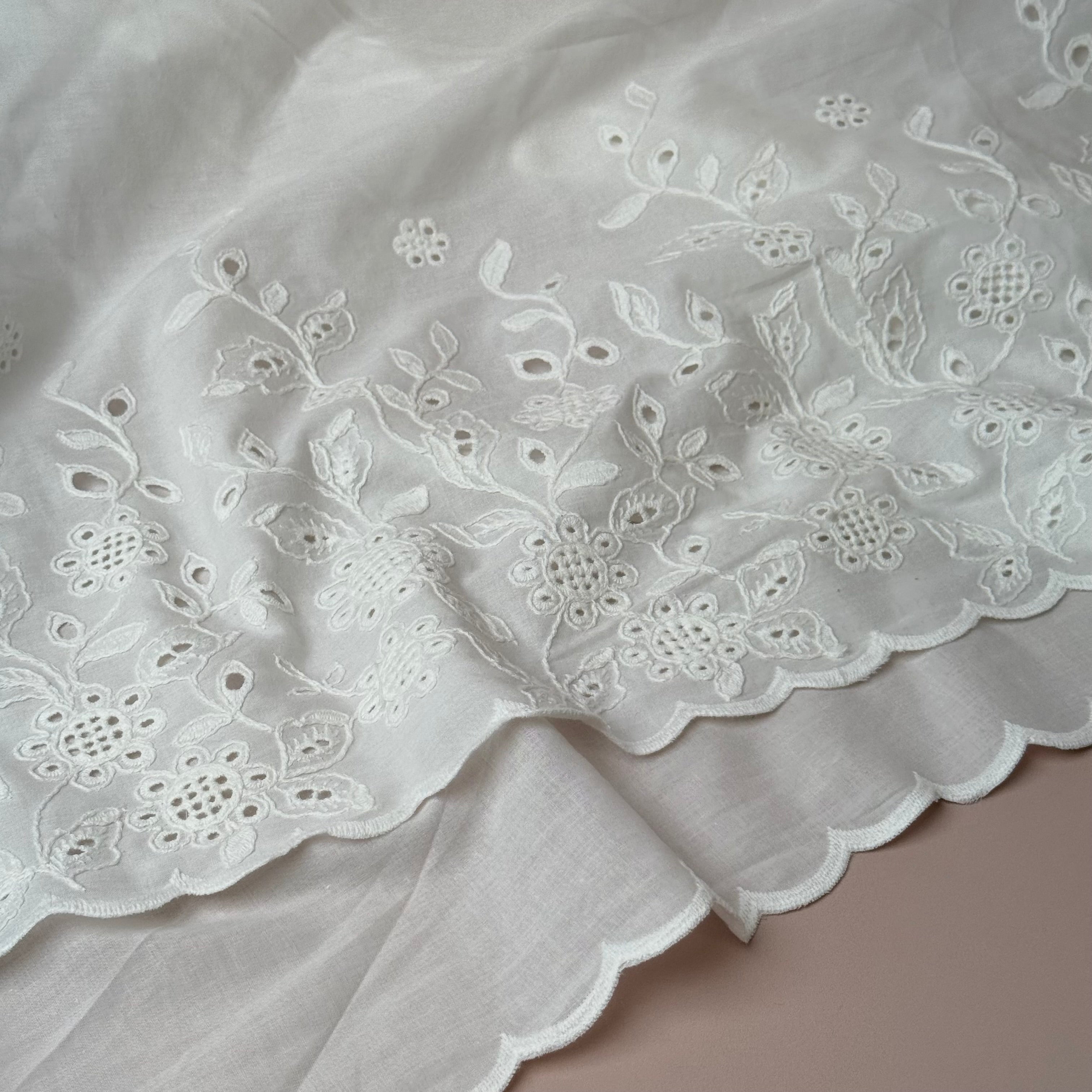 Scallop Edge Embroidered Vines White Cotton Voile Fabric