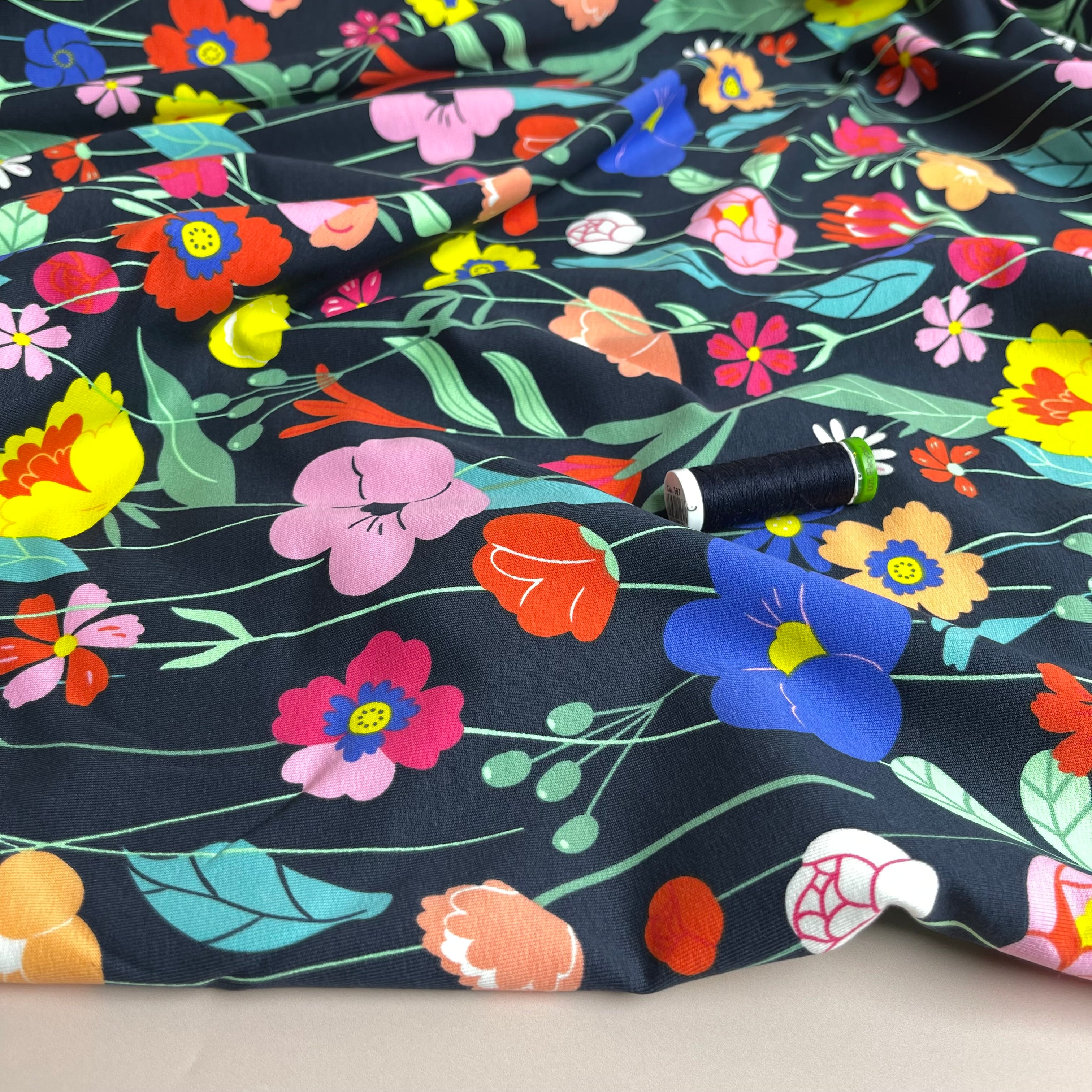 Colourful Flowers on Navy Cotton French Terry