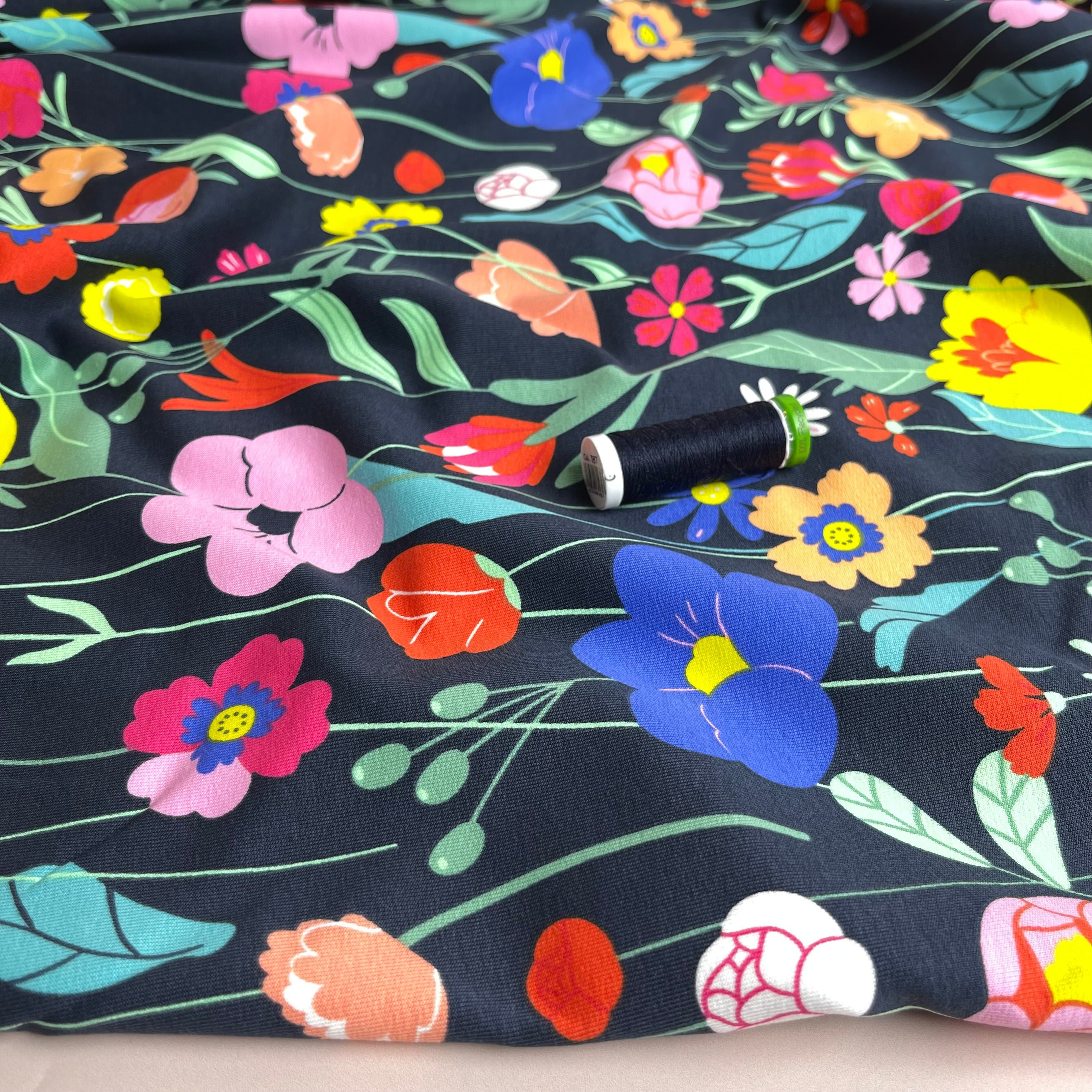 Colourful Flowers on Navy Cotton French Terry