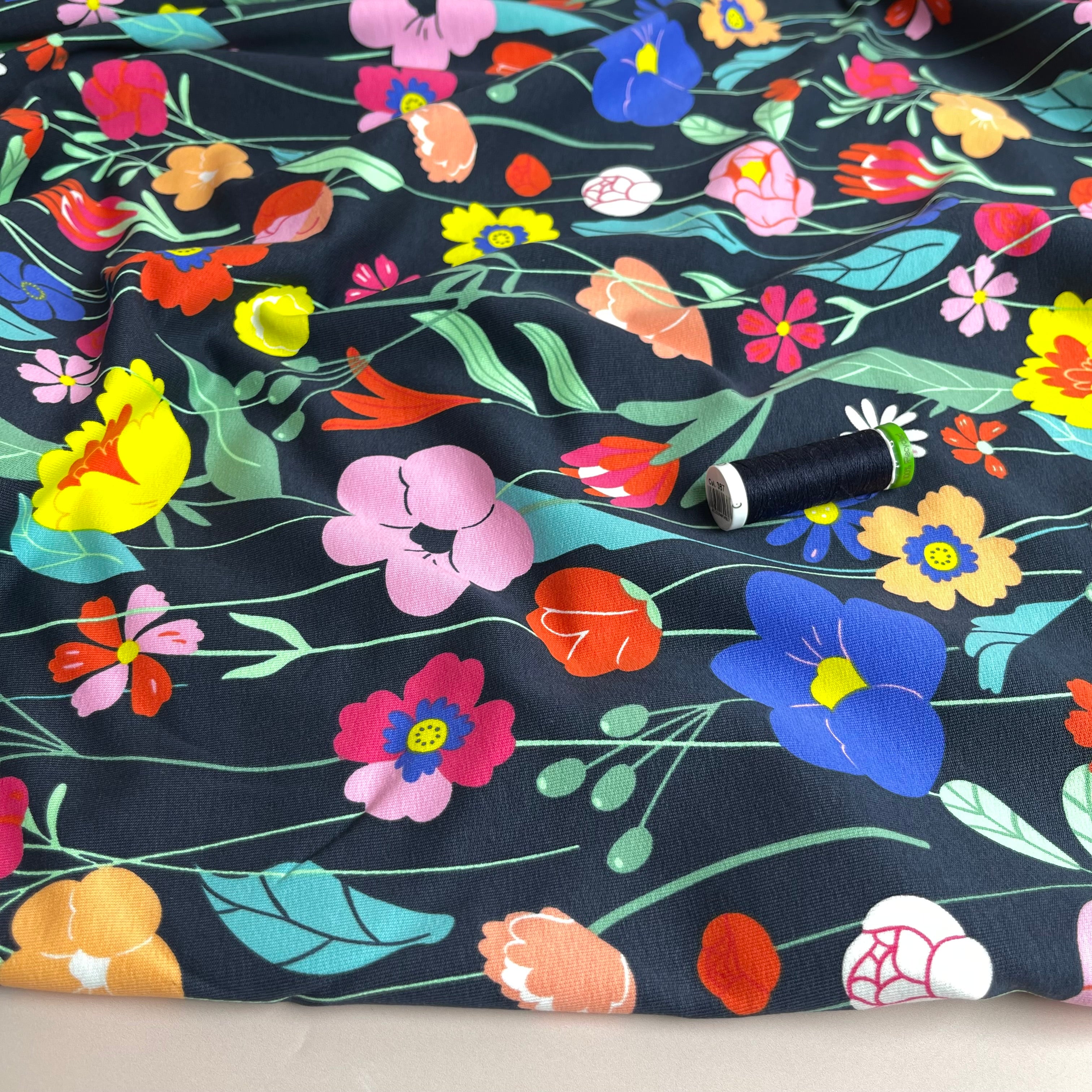 Colourful Flowers on Navy Cotton French Terry