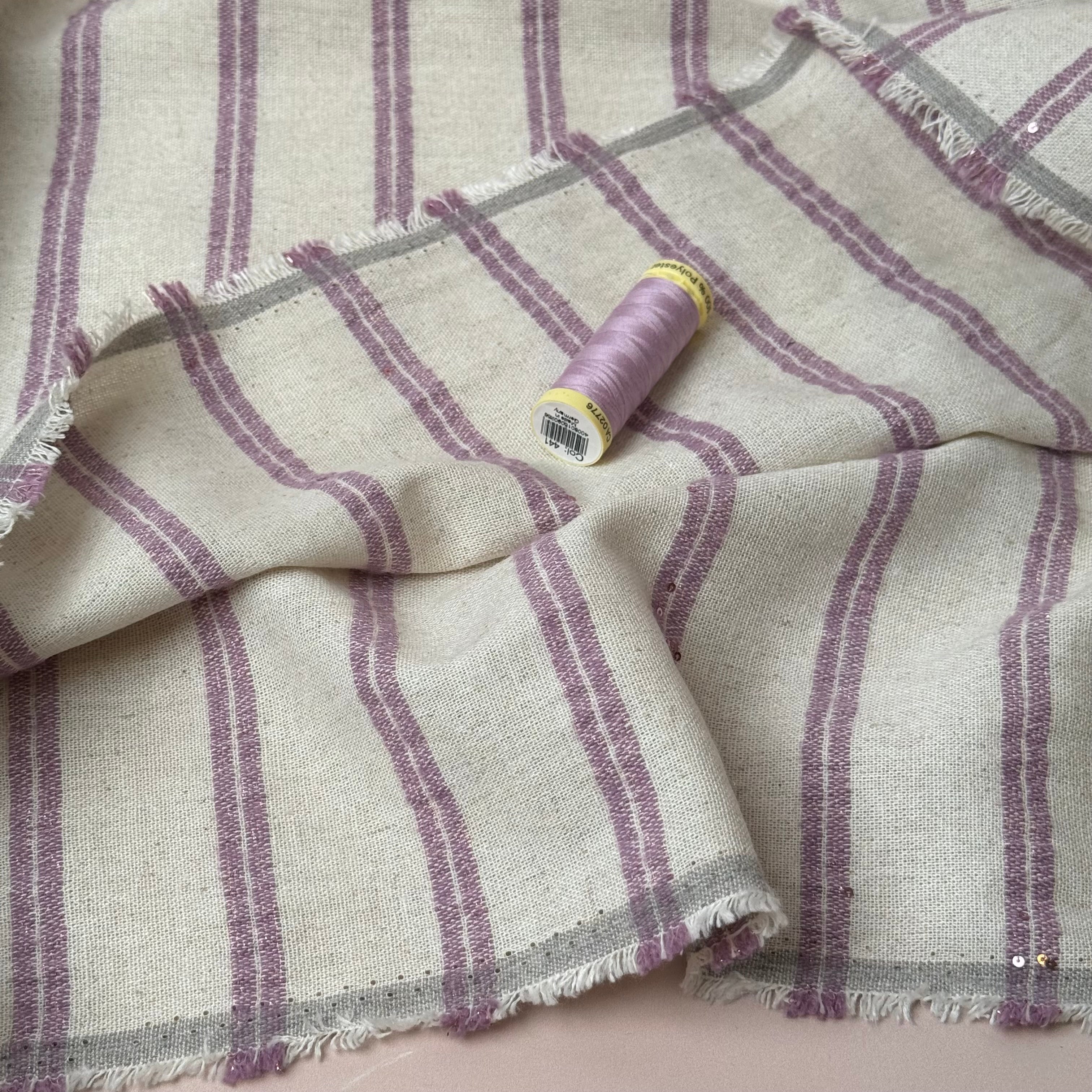 Lavender Stripe Viscose Linen Fabric with Lurex