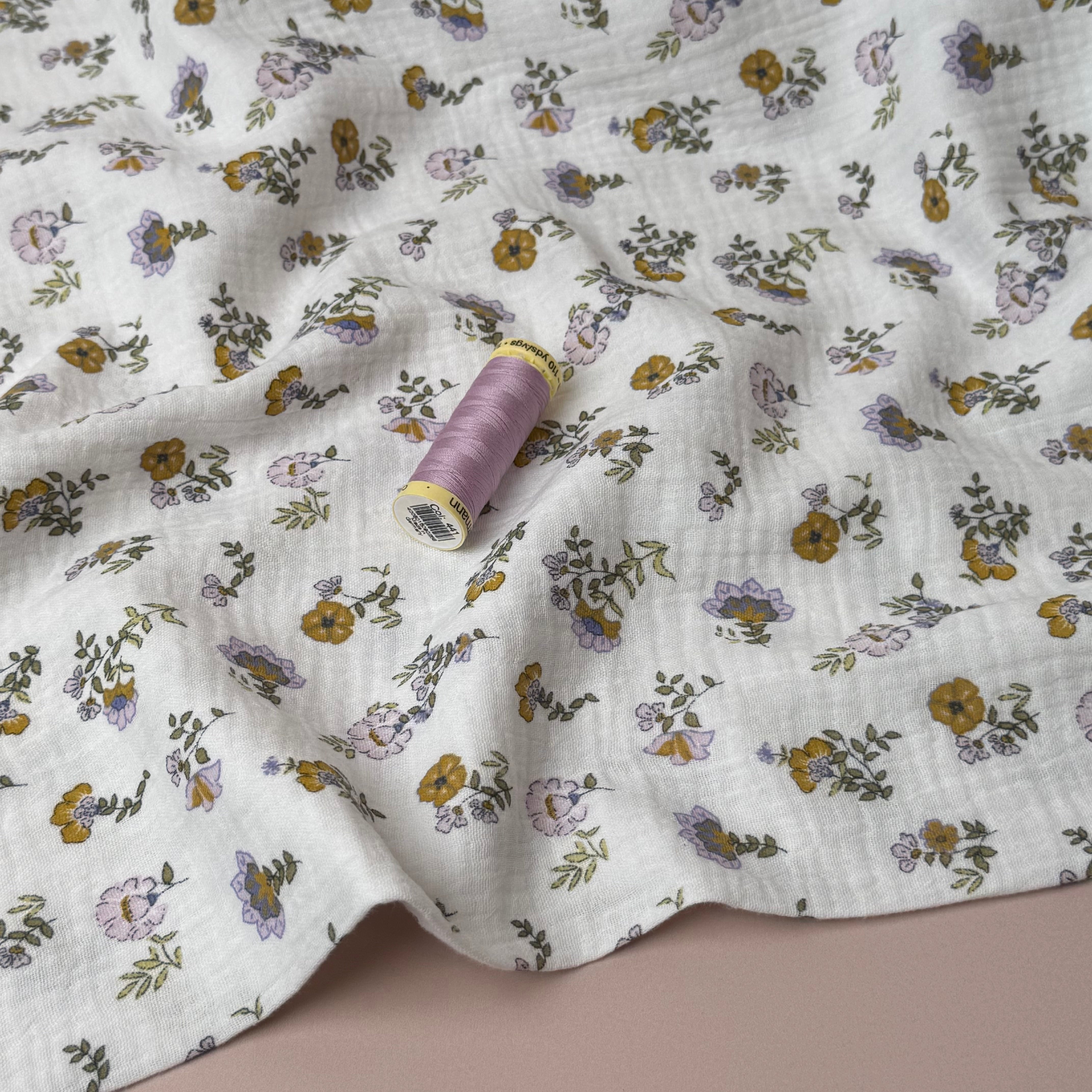 Lilac and Ochre Flowers Cotton GOTS Double Gauze