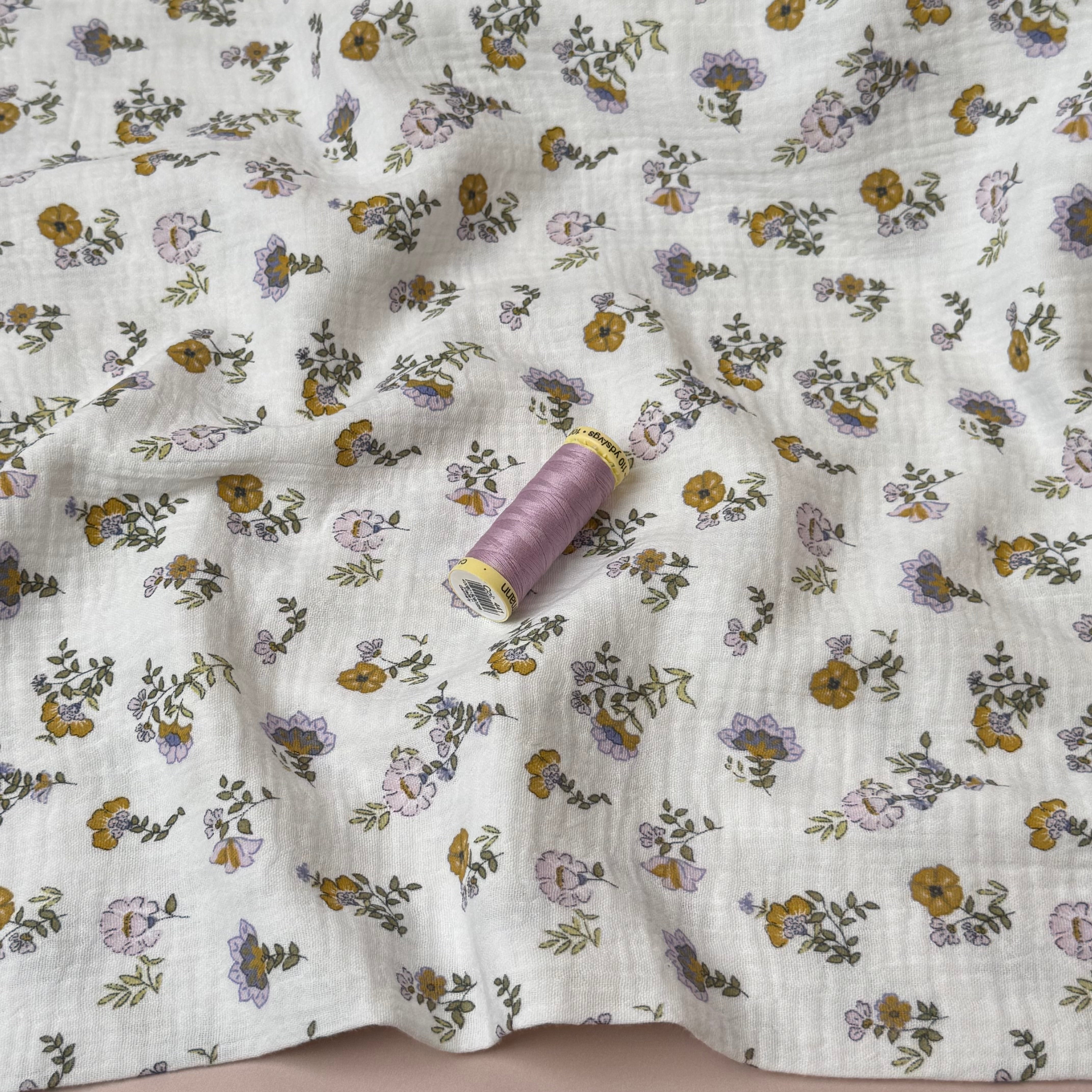 Lilac and Ochre Flowers Cotton GOTS Double Gauze