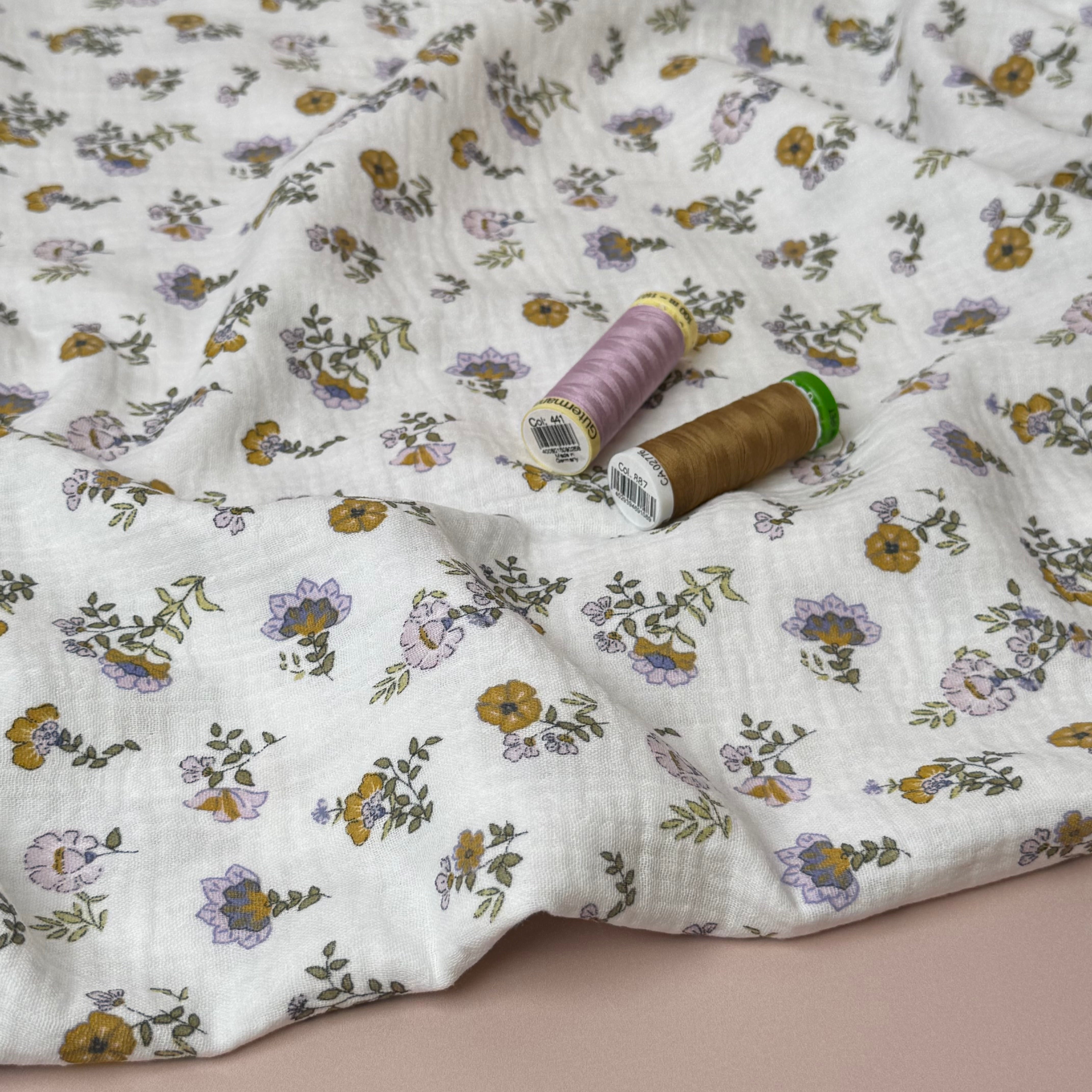 Lilac and Ochre Flowers Cotton GOTS Double Gauze