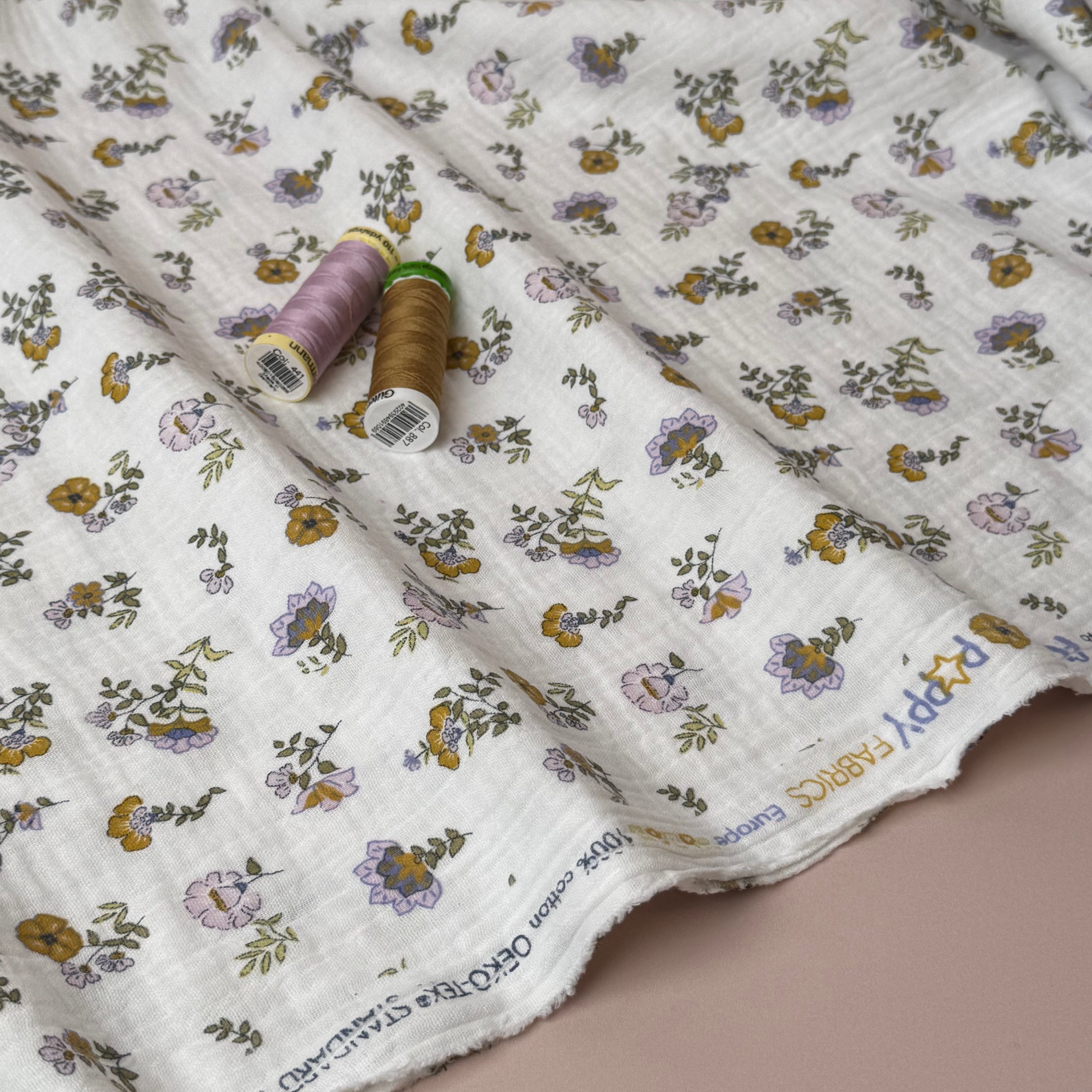 Lilac and Ochre Flowers Cotton GOTS Double Gauze