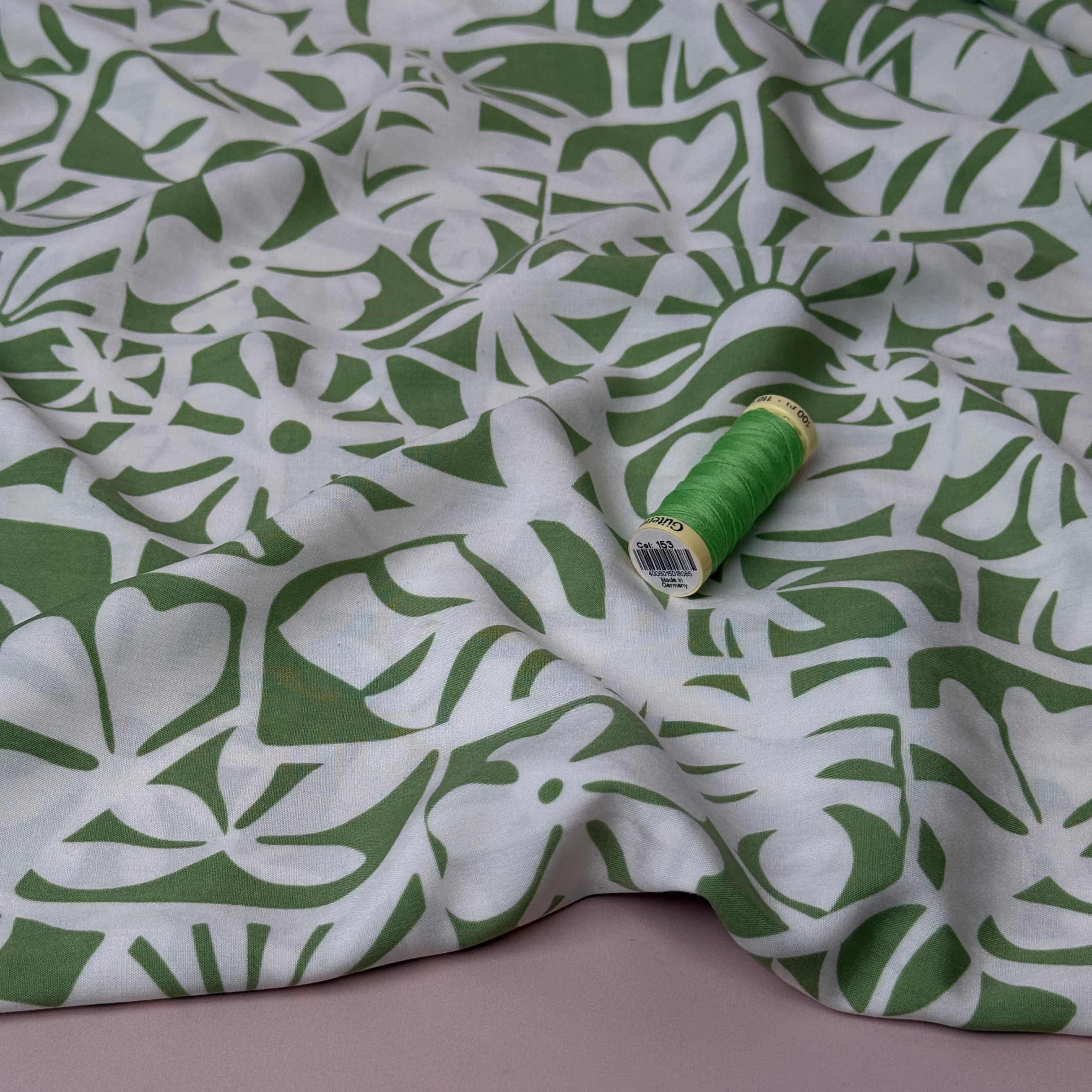 Tropical Stamps Grass Green LENZING™ ECOVERO™ Viscose Fabric