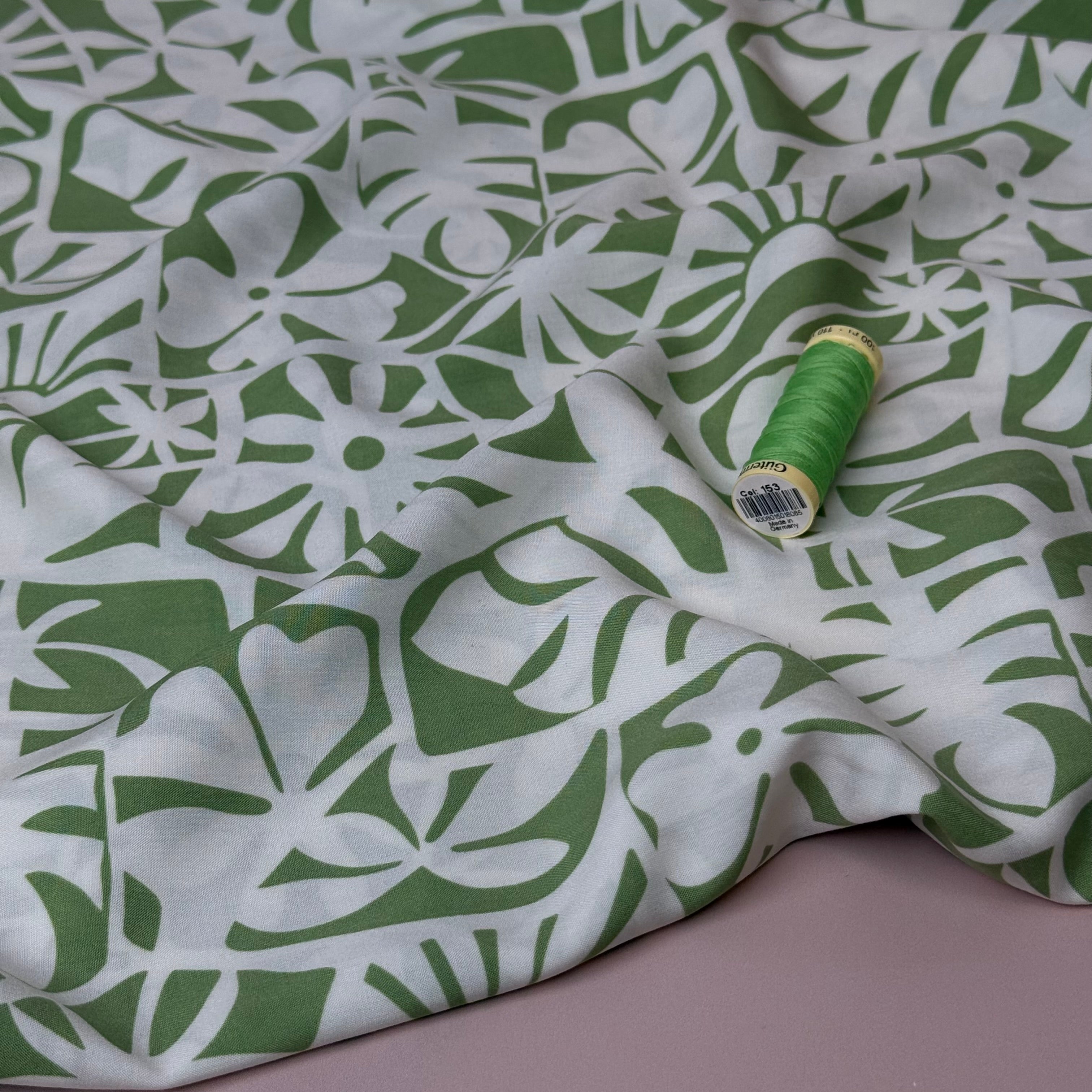 Tropical Stamps Grass Green LENZING™ ECOVERO™ Viscose Fabric