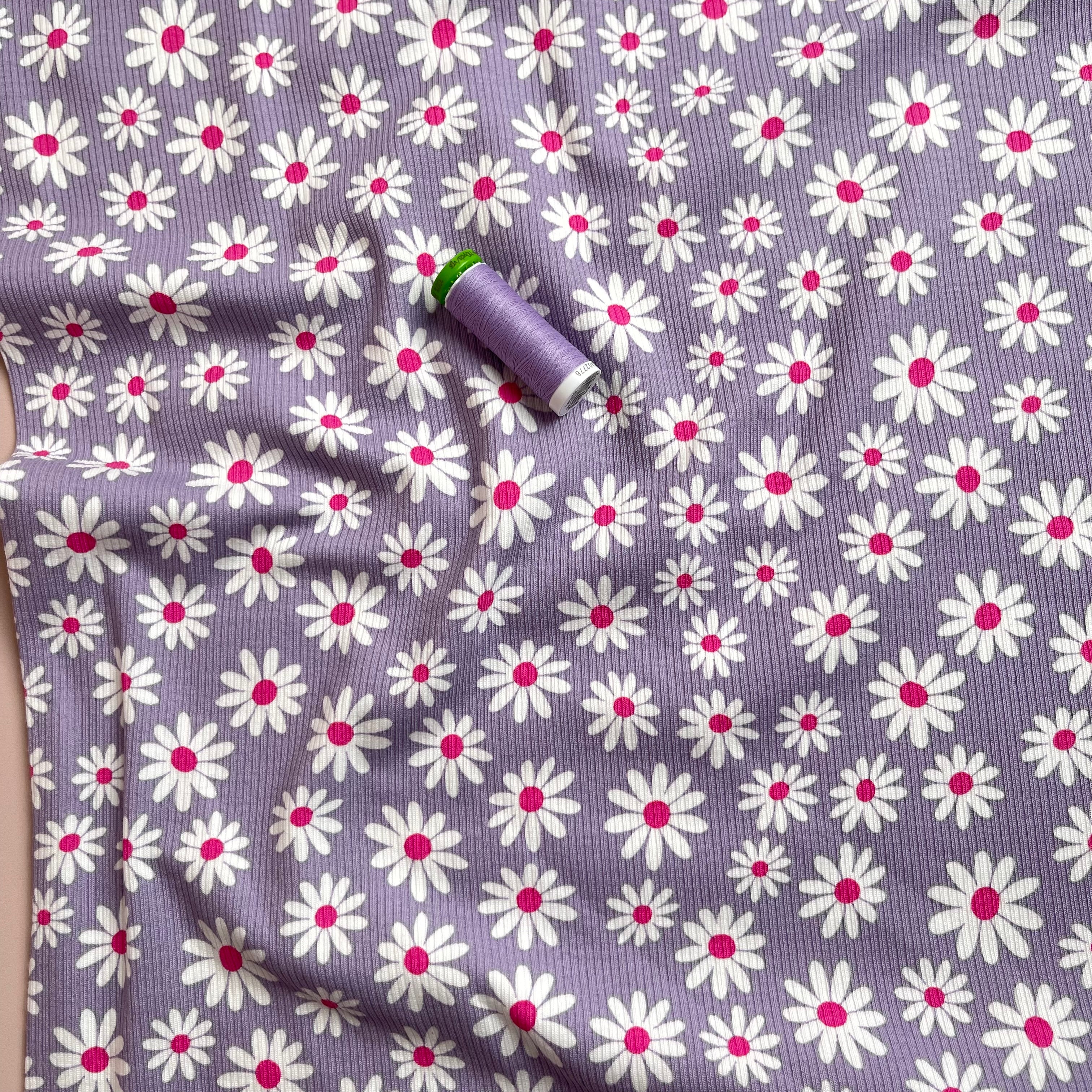 Cute Daisies Cotton Ribbed Jersey in Lilac