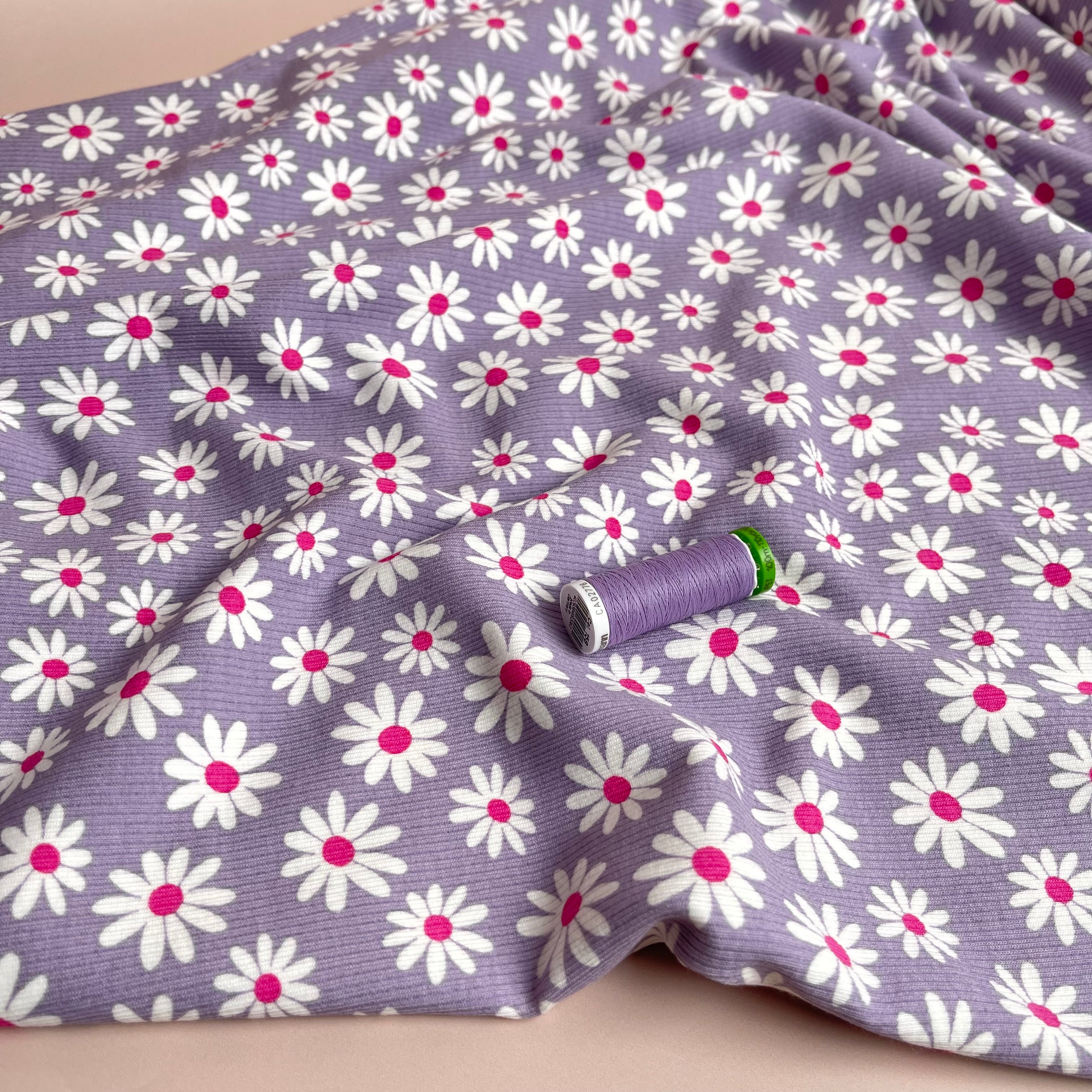 Cute Daisies Cotton Ribbed Jersey in Lilac