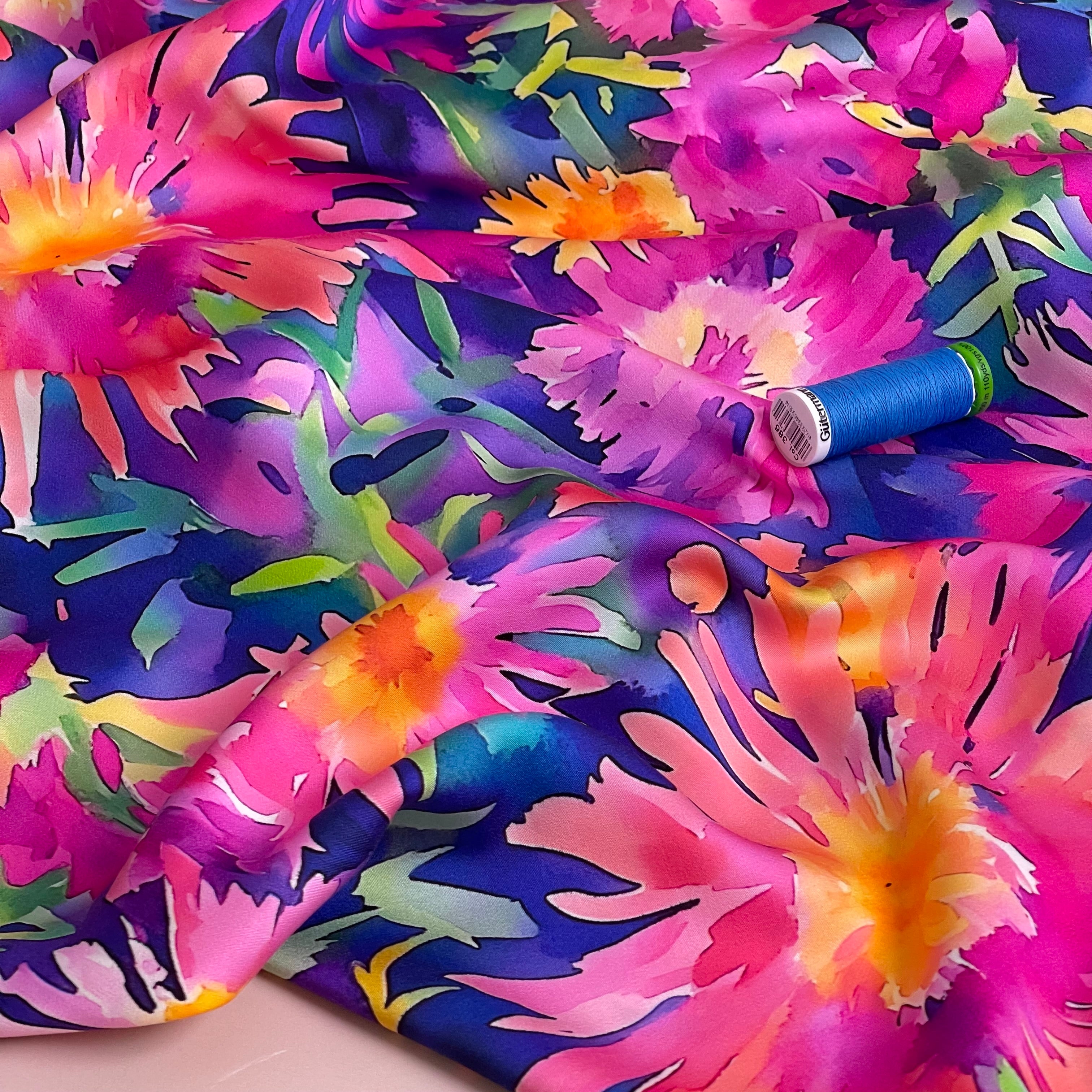 Painted Asters Viscose Sateen Fabric