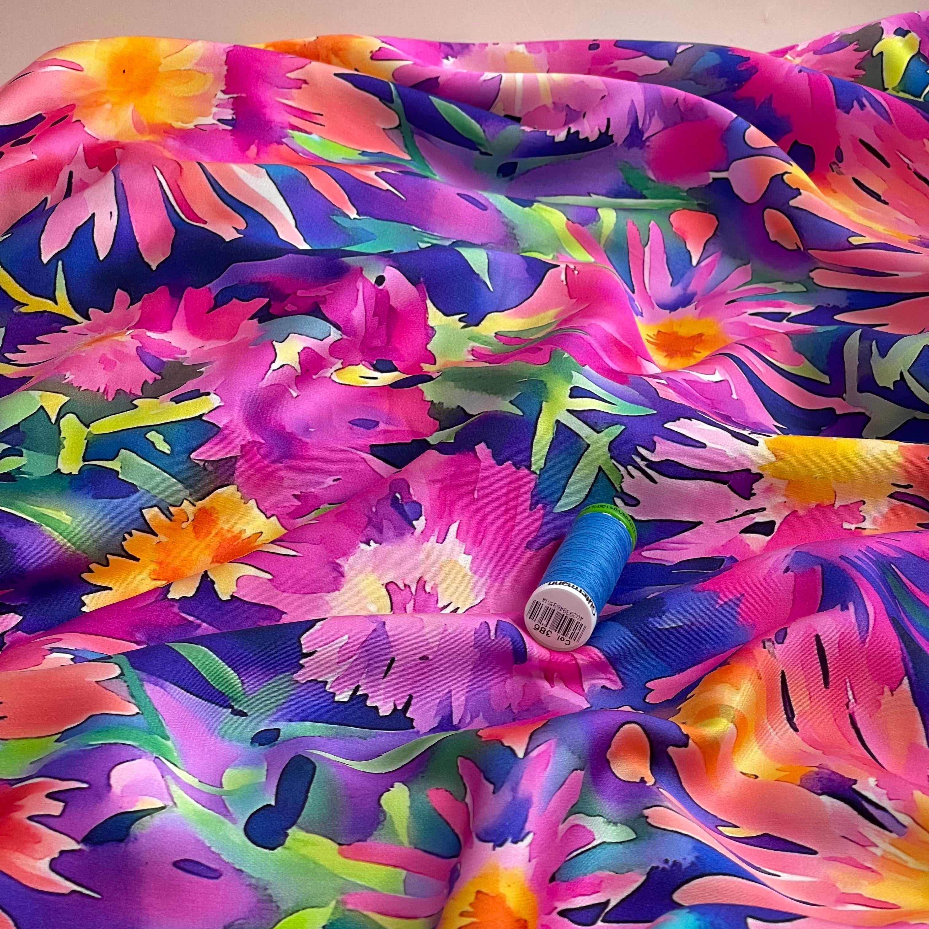 Painted Asters Viscose Sateen Fabric